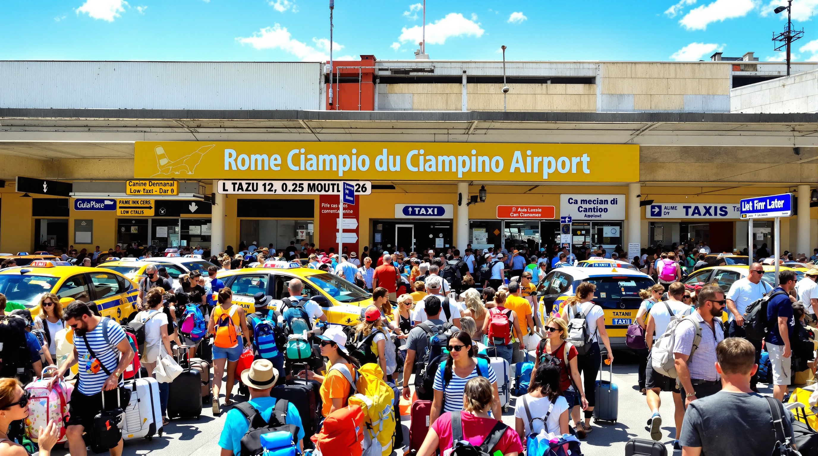 Aéroport Rome Ciampino, petit terminal bondé, voyageurs pressés sous le soleil italien.