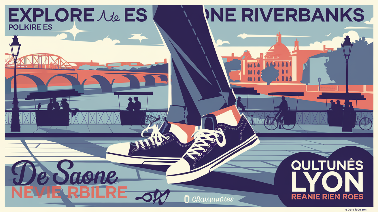 Affiche stylisée invitant à explorer les quais de Saône avec baskets au premier plan.