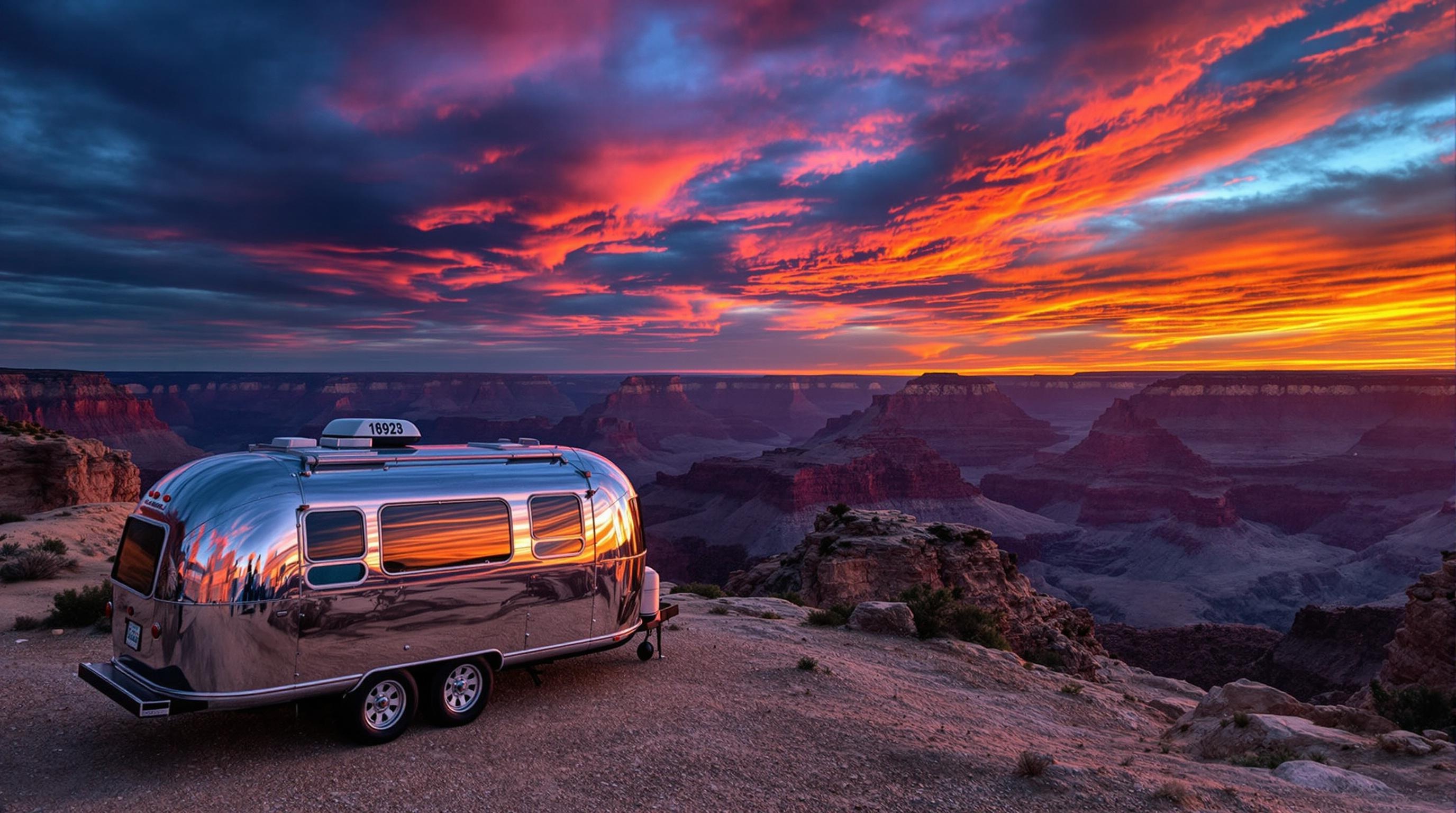 Un Airstream garé devant le Grand Canyon au coucher du soleil, ciel flamboyant et panorama spectaculaire, soulignant l'esprit d'aventure et la conquête de l'Ouest américain.