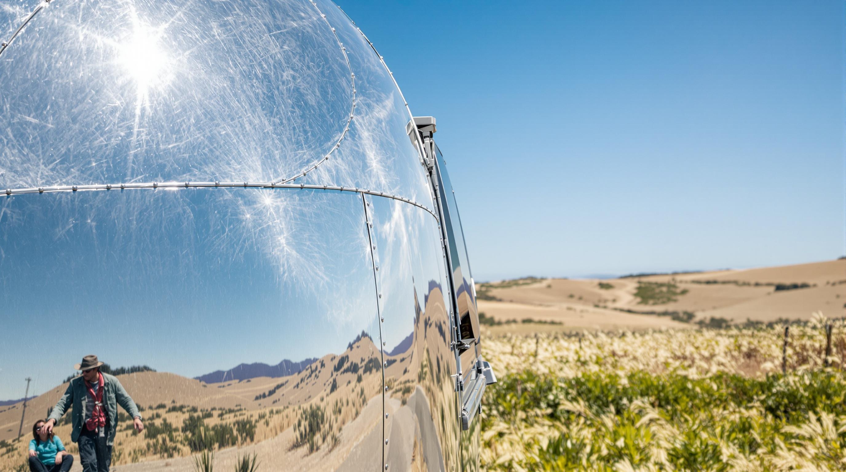Une vue latérale d'un Airstream vintage, son aluminium poli reflétant le paysage, symbolisant la liberté et le voyage.
