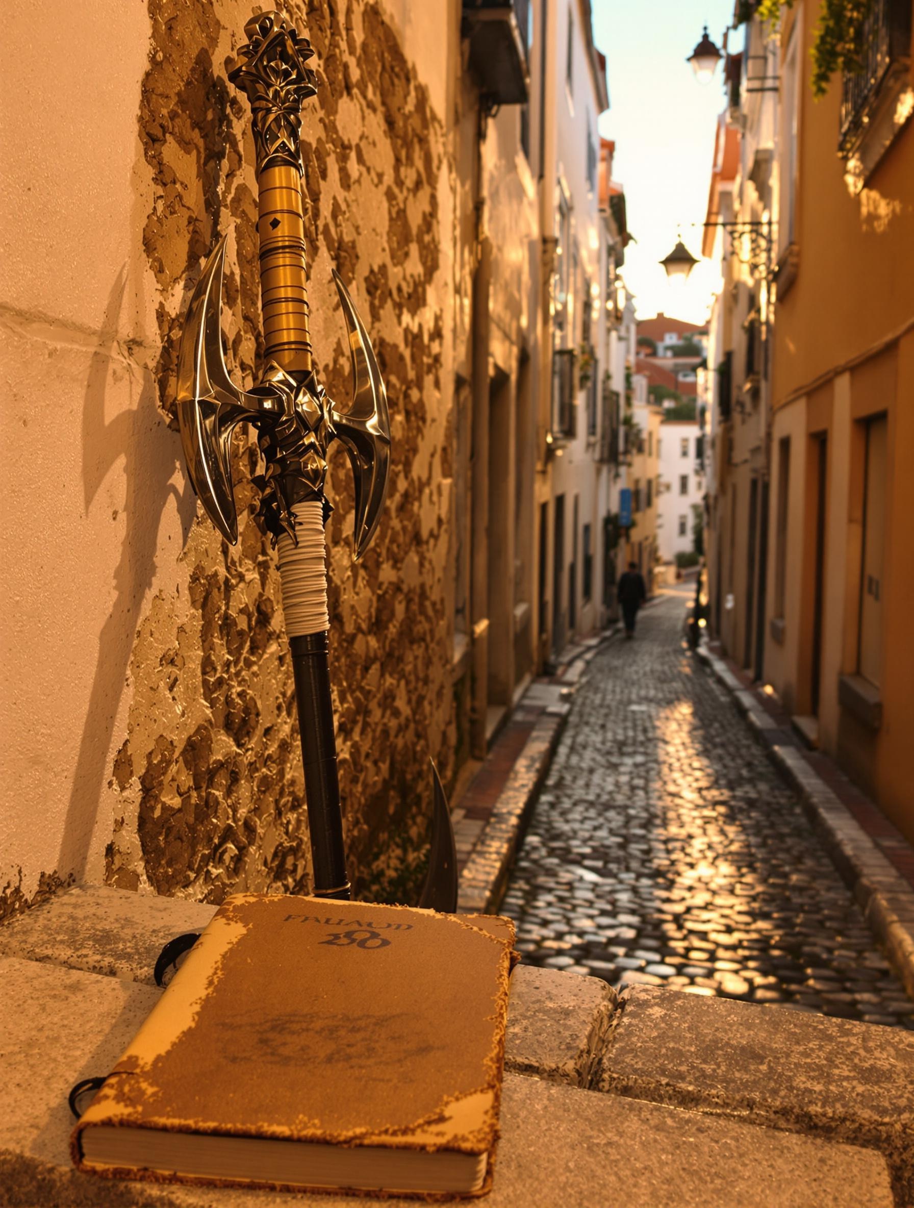 Ruelle d'Alfama avec carnet et hallebarde imaginaire
