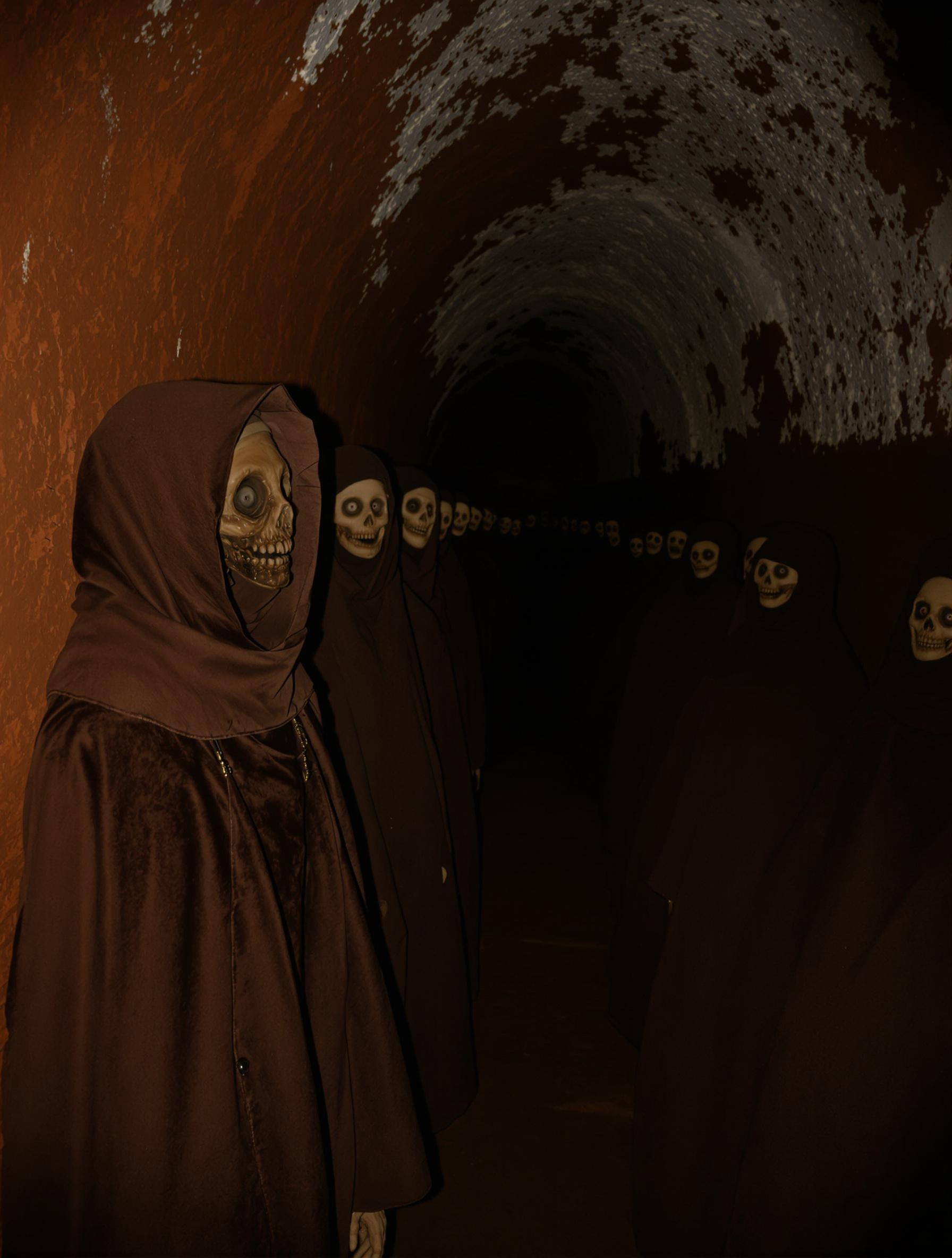 Alignement de momies capucines dans le couloir principal, habits franciscains bruns contrastant avec les murs ocres de la crypte