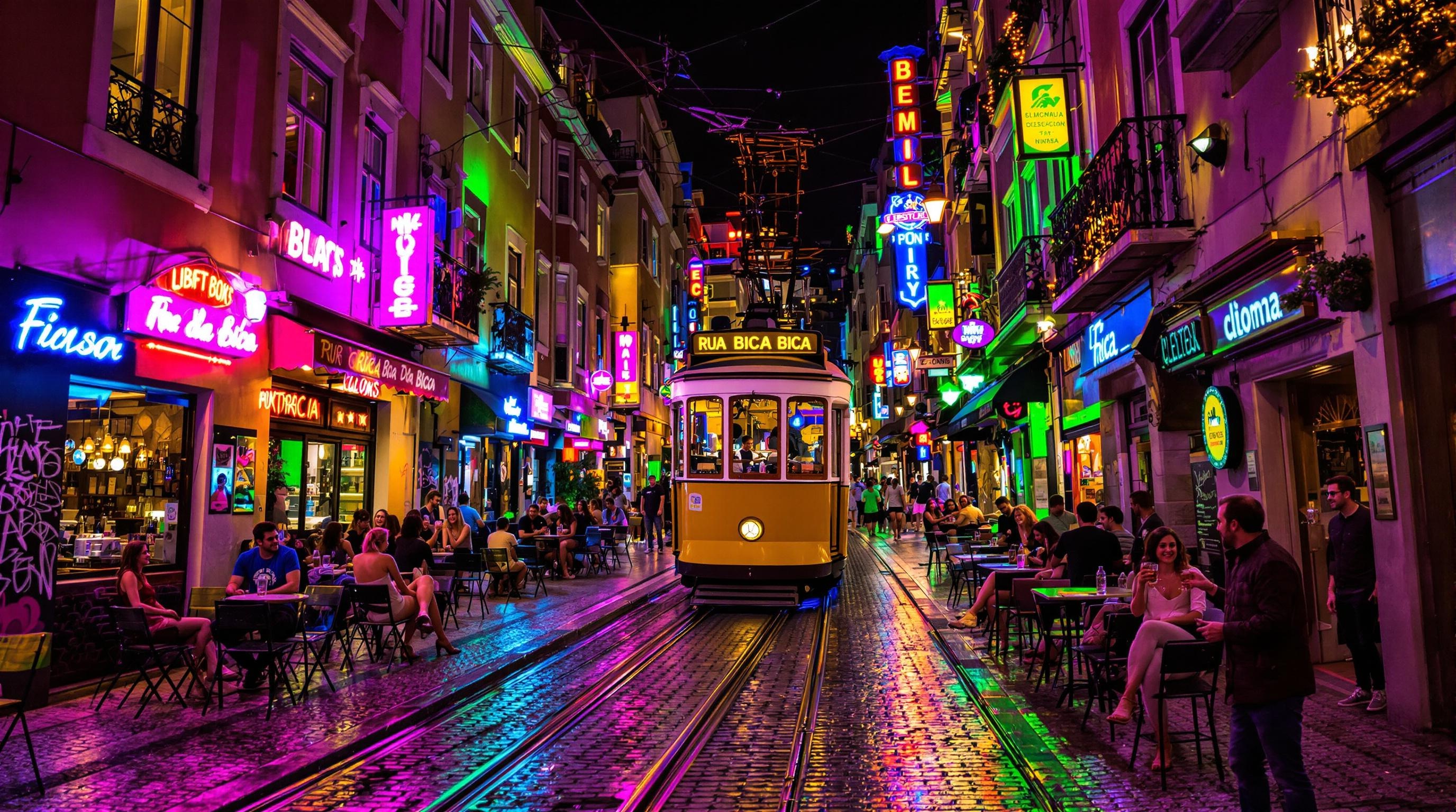 Rue animée de la Bica et funiculaire jaune Lisbonne nuit