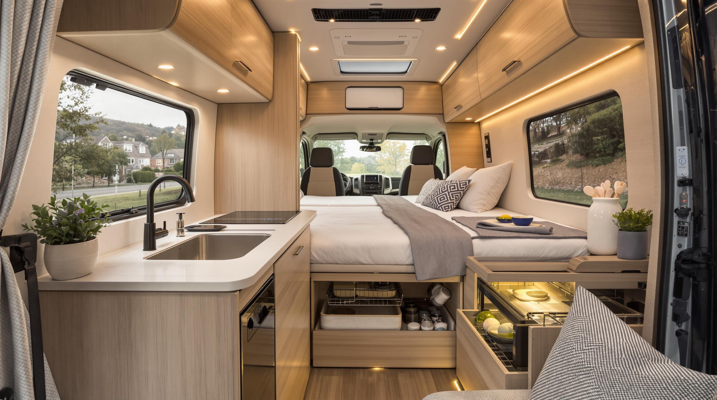 Aménagement intérieur d'un Ford Transit en camping-car cuisine compacte lit escamotable rangements