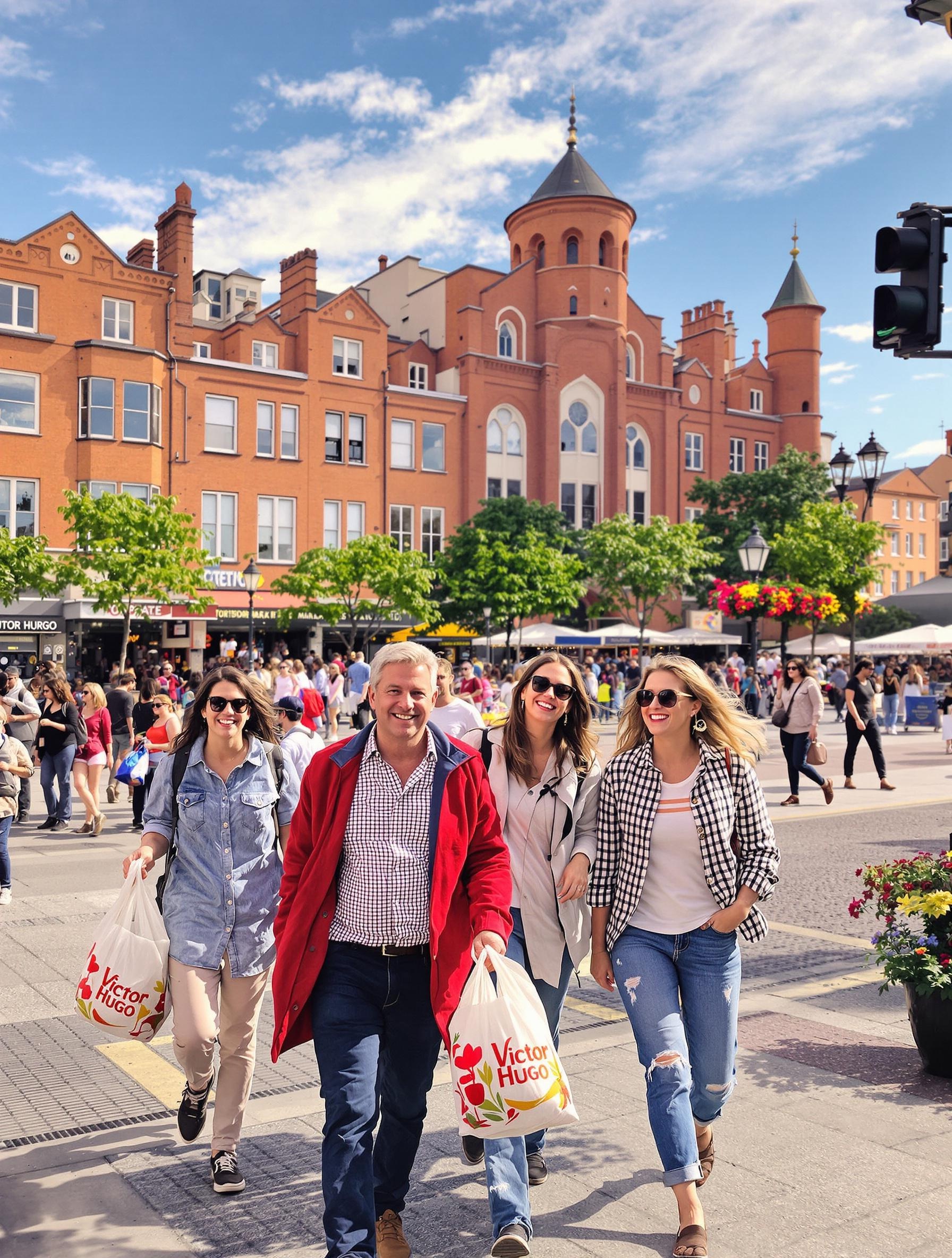 Groupe d'amis quittant la halle Victor Hugo à Toulouse, sacs pleins de produits locaux en direction de la Garonne, façades toulousaines en fond.