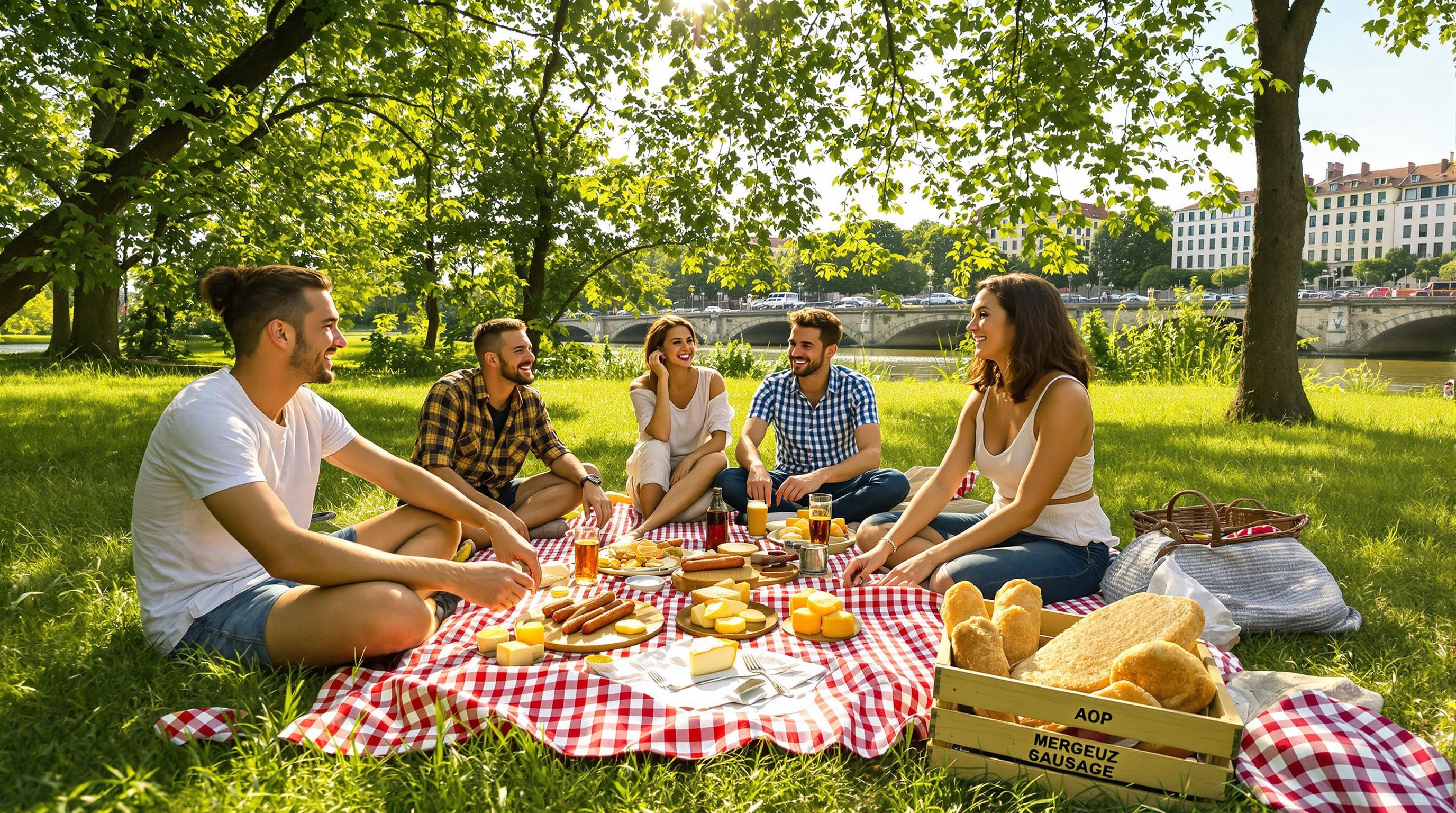 groupe d’amis en train de pique-niquer sur l’herbe des berges de la Saône à Lyon