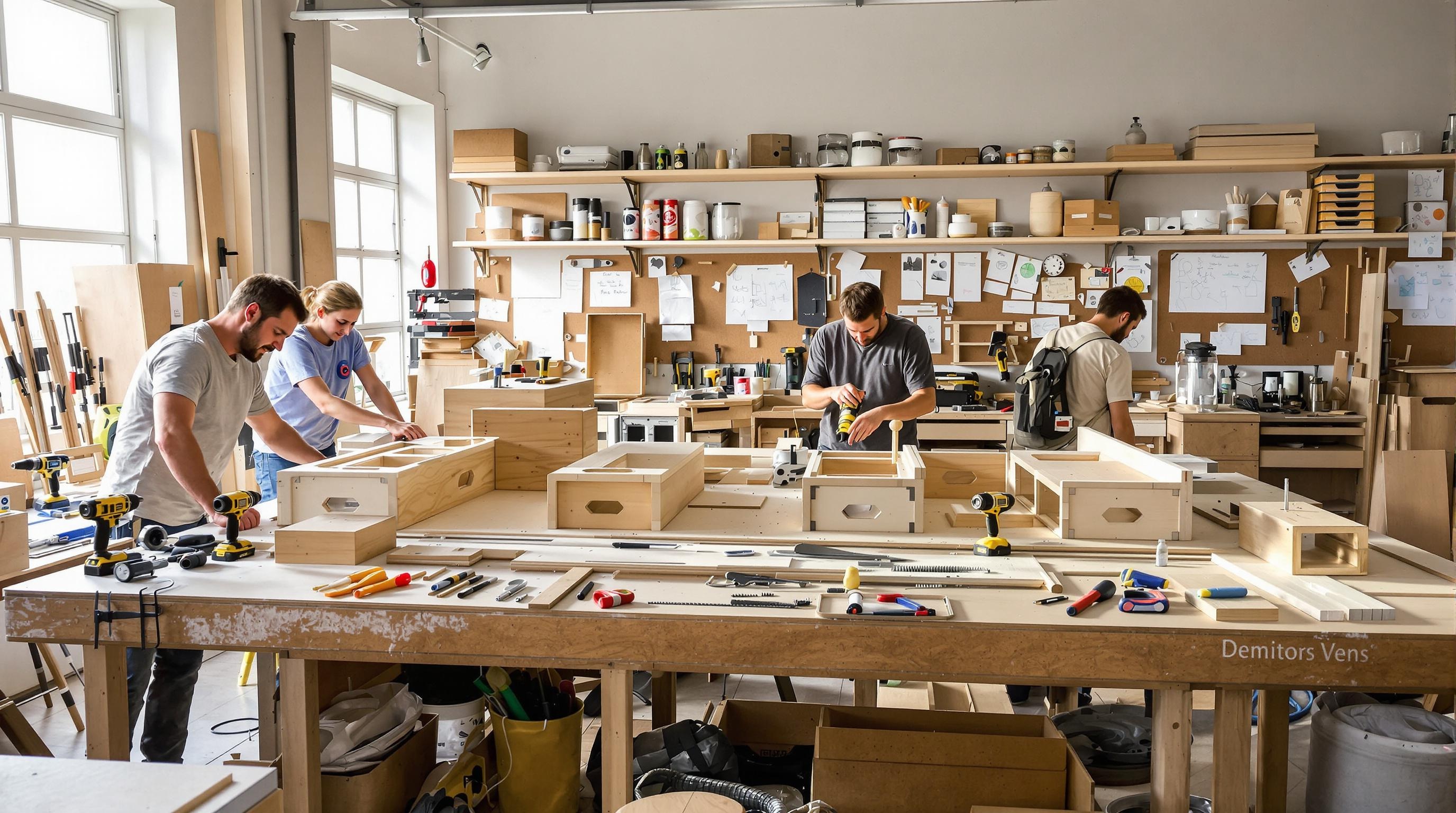 Atelier de bricolage avec deux kits d’aménagement pour fourgon familial, outils, planches CP bouleau, panneaux de liège, ambiance DIY.
