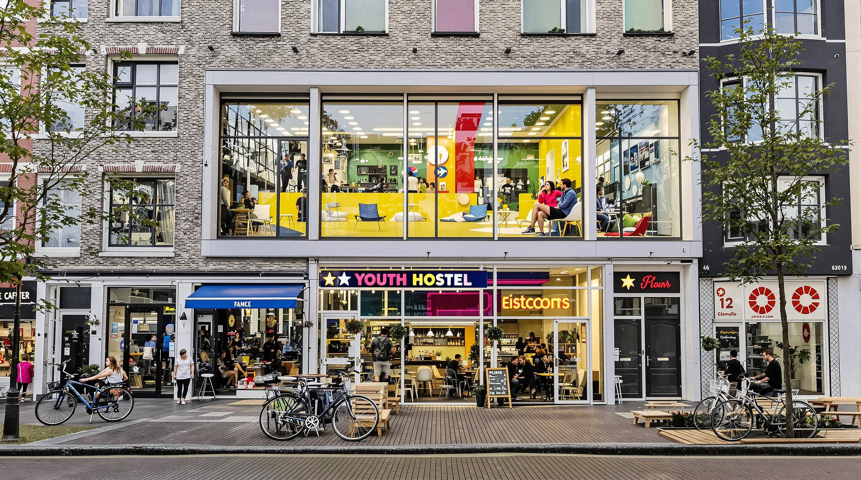 Auberge de jeunesse moderne à Amsterdam avec des jeunes voyageurs devant les canaux