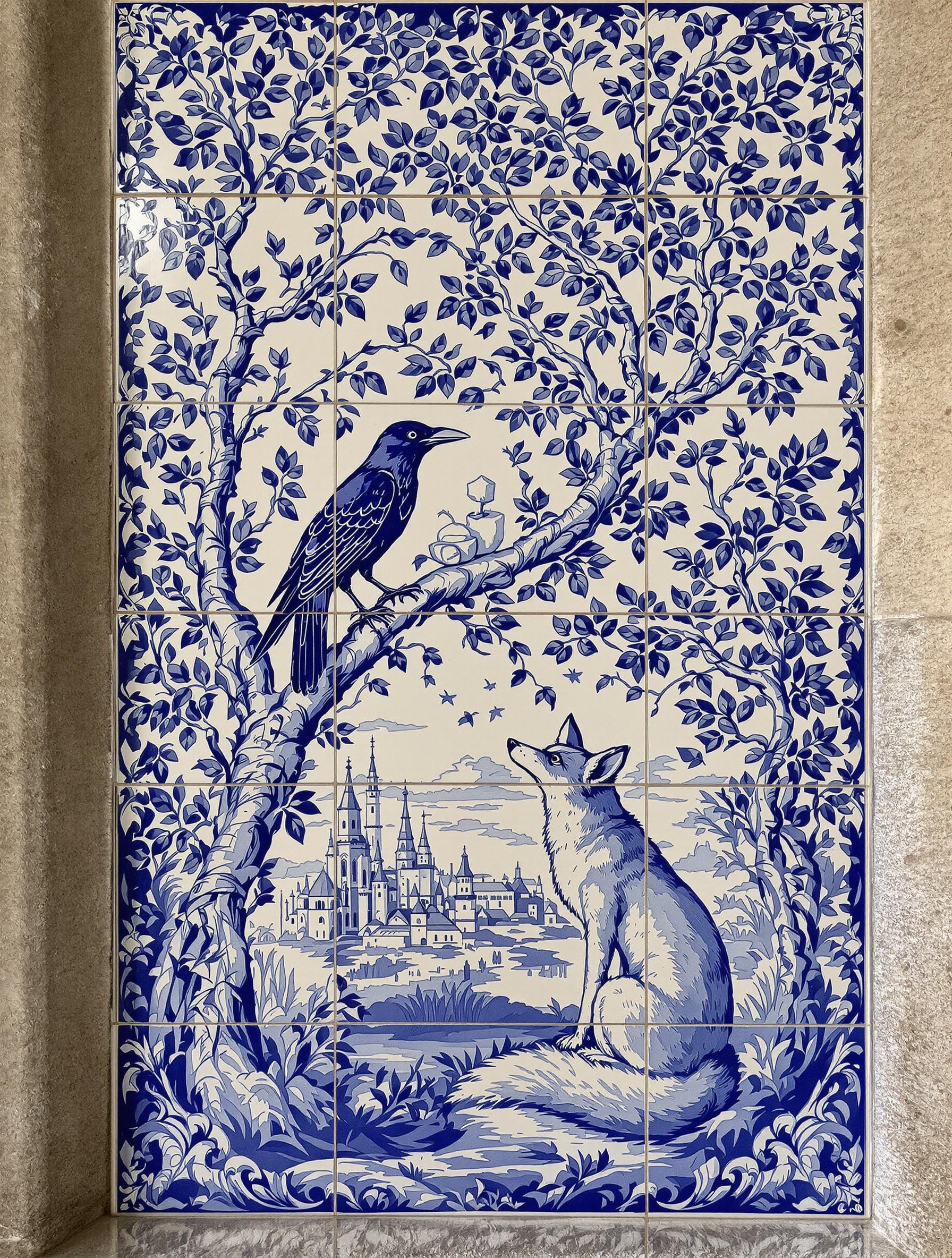 Azulejos représentant une scène de renard et de corbeau au cloître