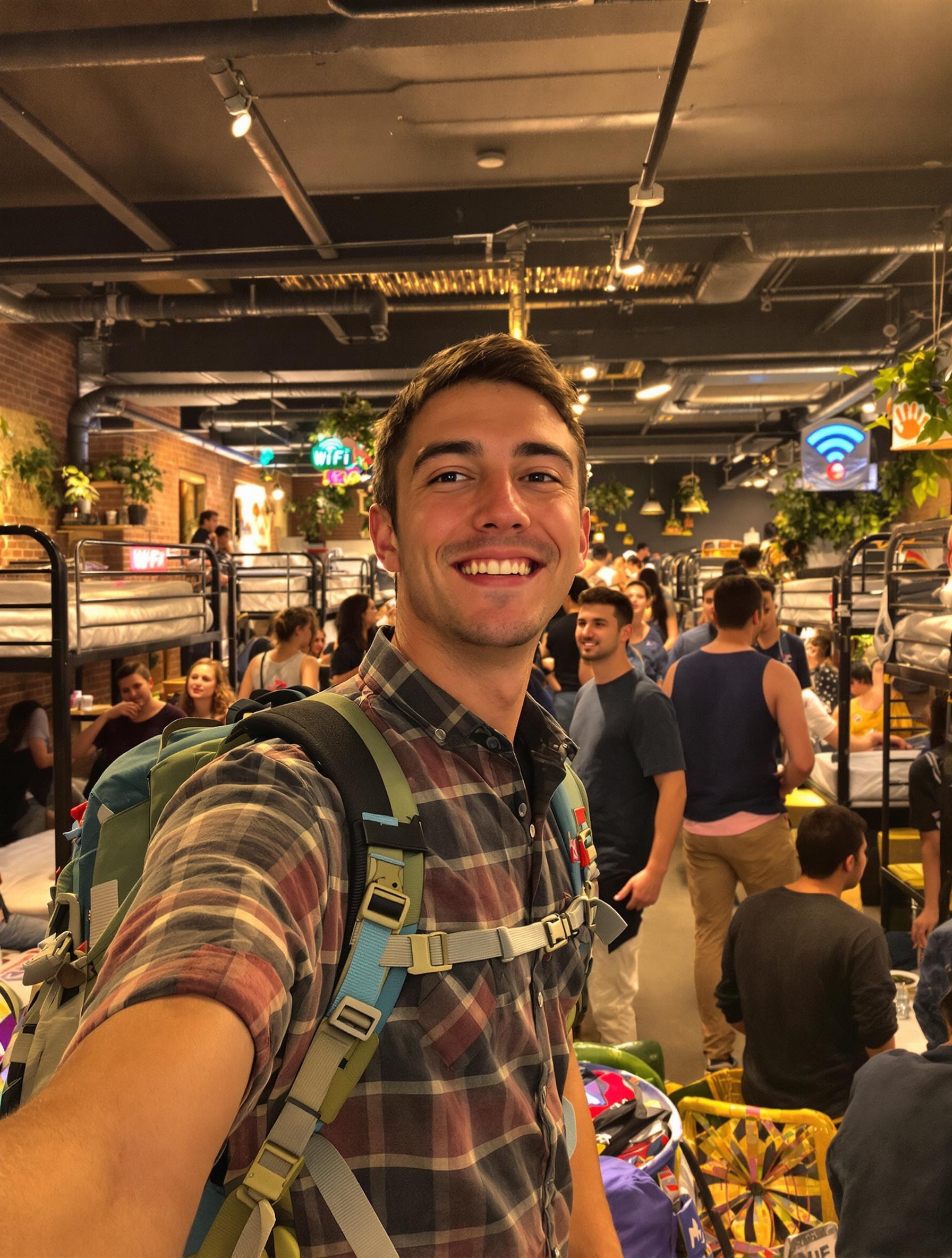 backpacker souriant dans un dortoir animé à Amsterdam