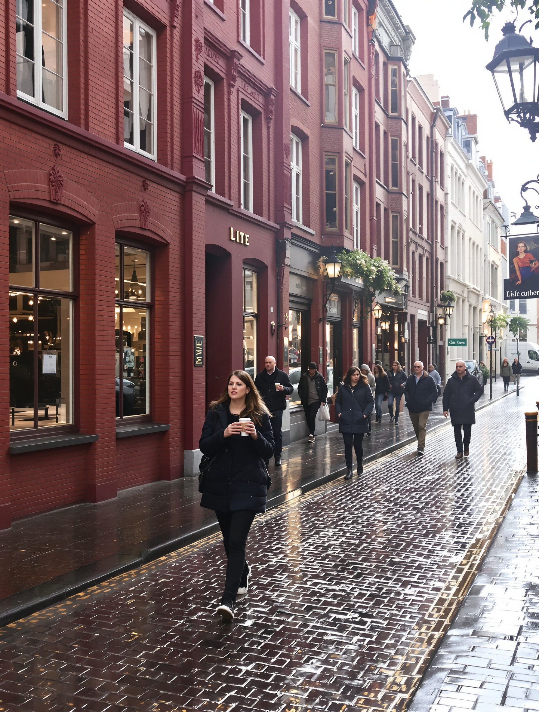 Balade matinale dans le Vieux-Lille : pavés mouillés et gens flânant avec un café à la main.