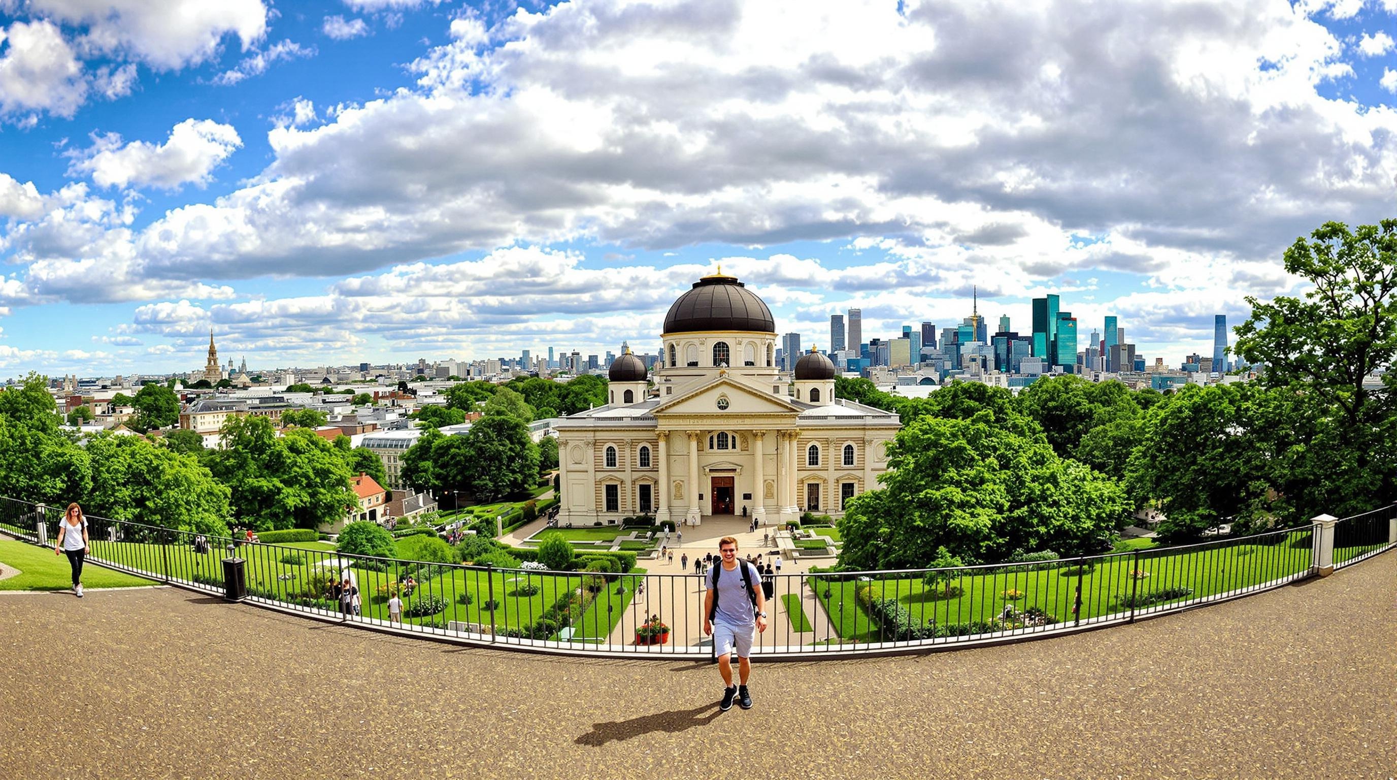 Baladeur devant l’Observatoire de Greenwich, panorama sur Londres, contraste entre verdure et skyline urbaine.