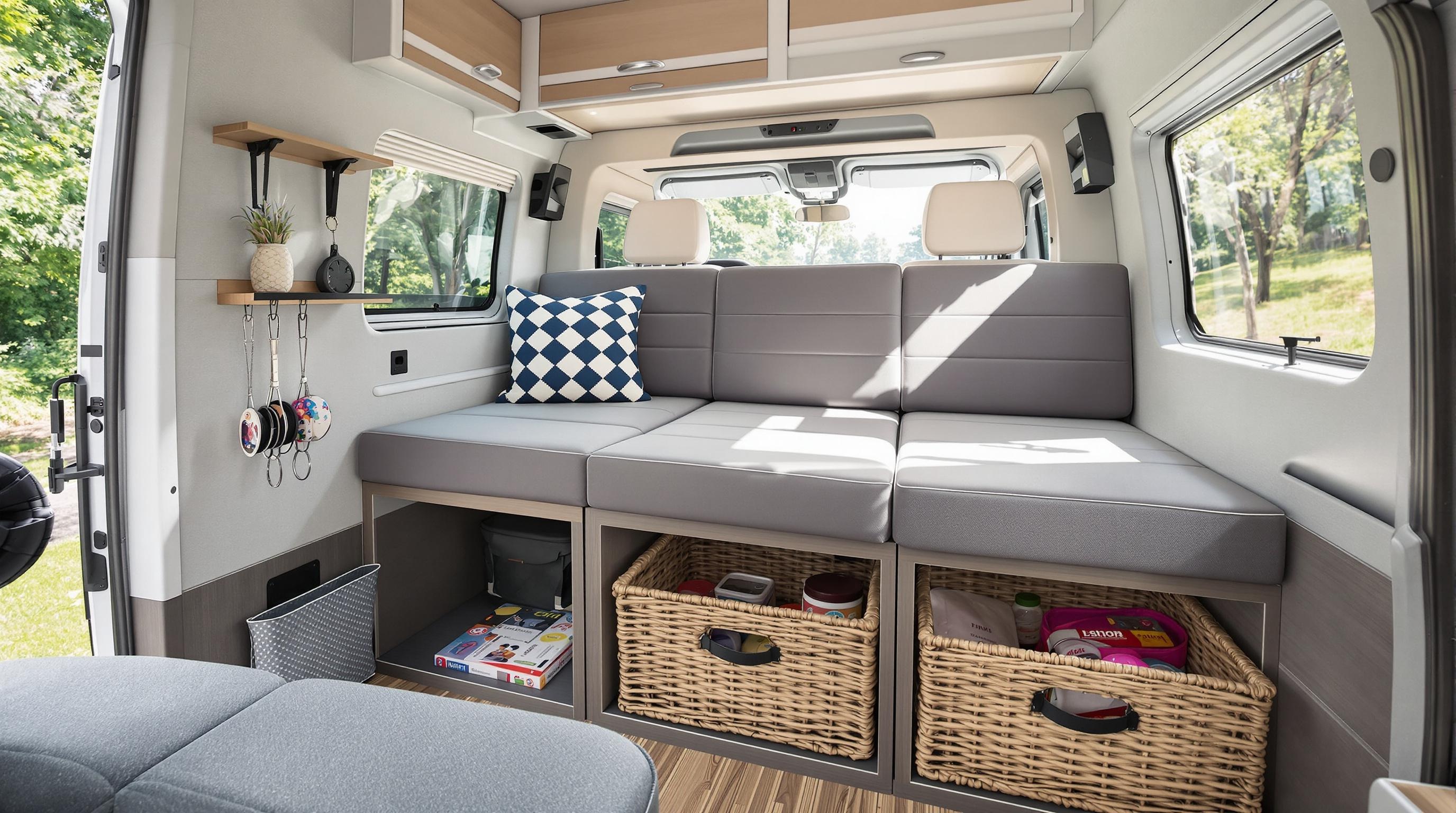 Banquette convertible astucieuse et rangements modulaires dans un fourgon familial.