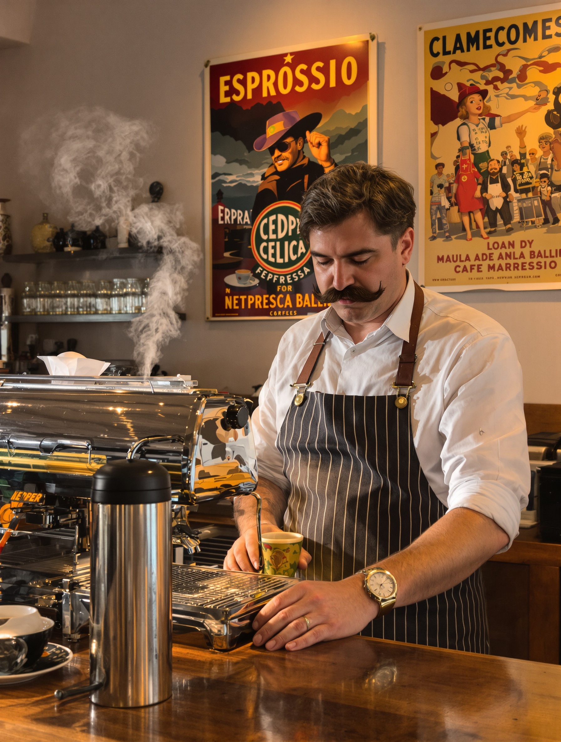 Barista moustachu préparant un espresso derrière son comptoir italien avec thermos cabossé sur le côté