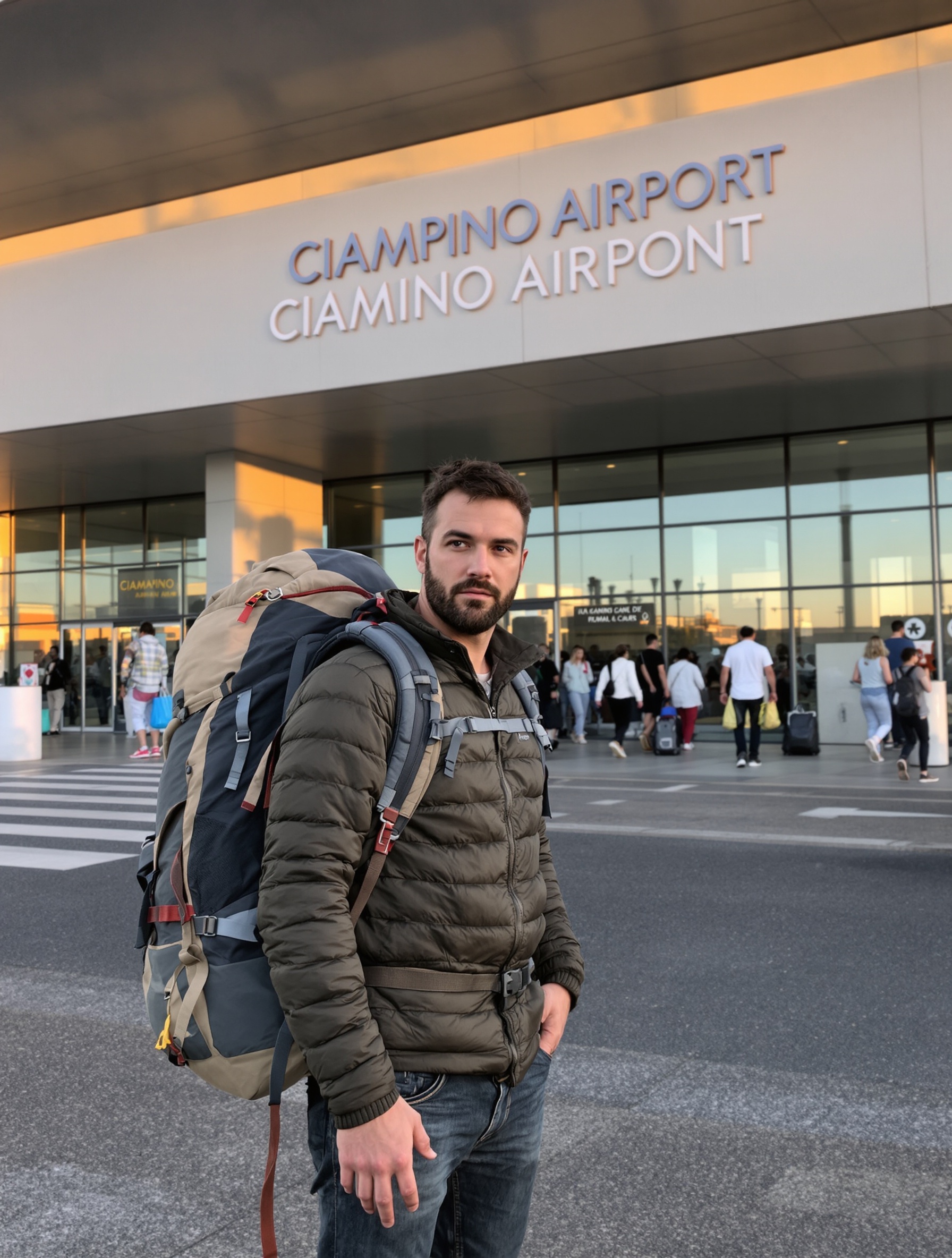 Un baroudeur seul devant Ciampino : l'aéroport pour ceux qui n'ont pas peur du confort spartiate.
