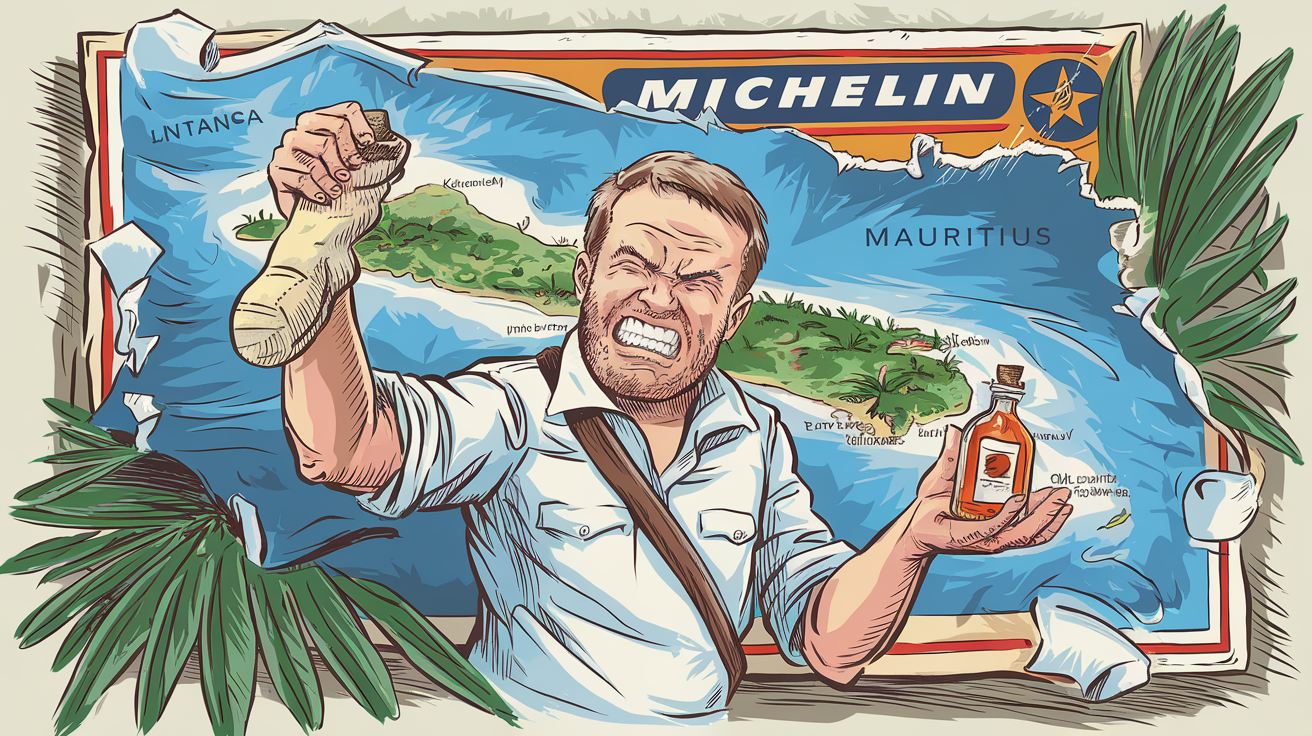 baroudeur grimaçant avec chaussette sable rhum carte Michelin île Maurice