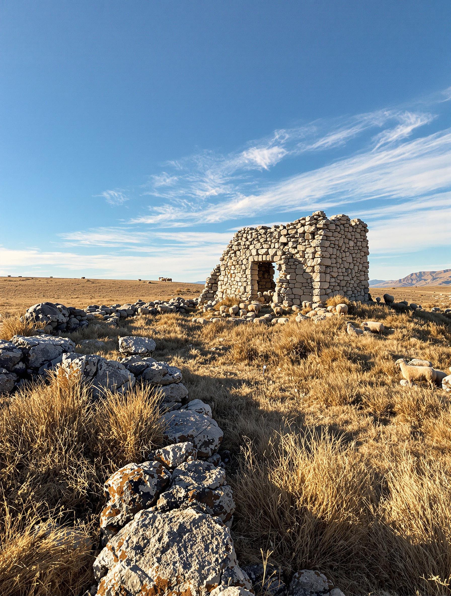 Bergerie en ruines et sentier historique de la Cañada Real de los Roncaleses près d’Arguedas, avec des moutons au loin.