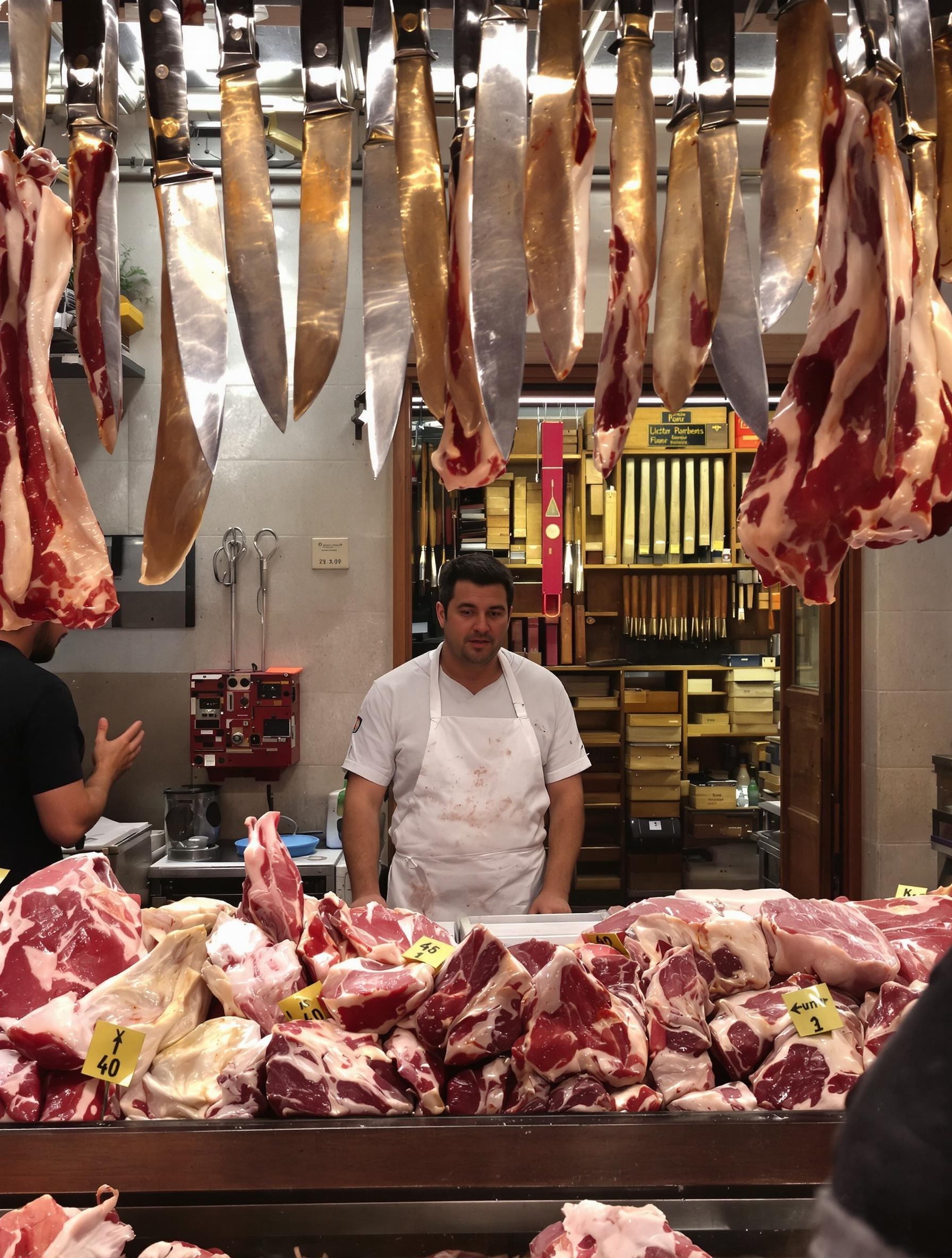 Scène boucher-tripier Marché Victor Hugo : couteaux suspendus, viande exposée et atelier traditionnel visible derrière.
