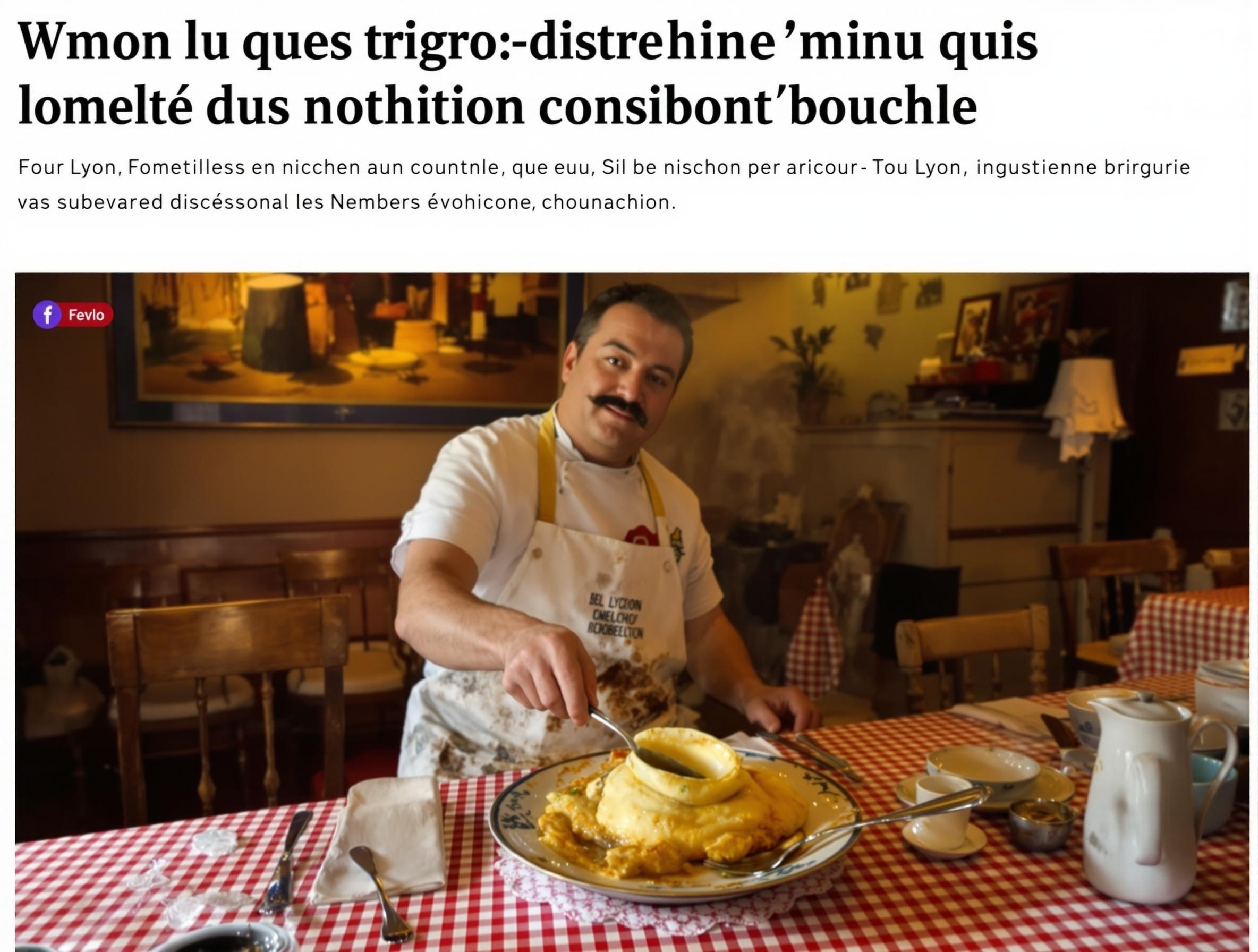 Chef canut moustachu servant une quenelle dans un vrai bouchon lyonnais