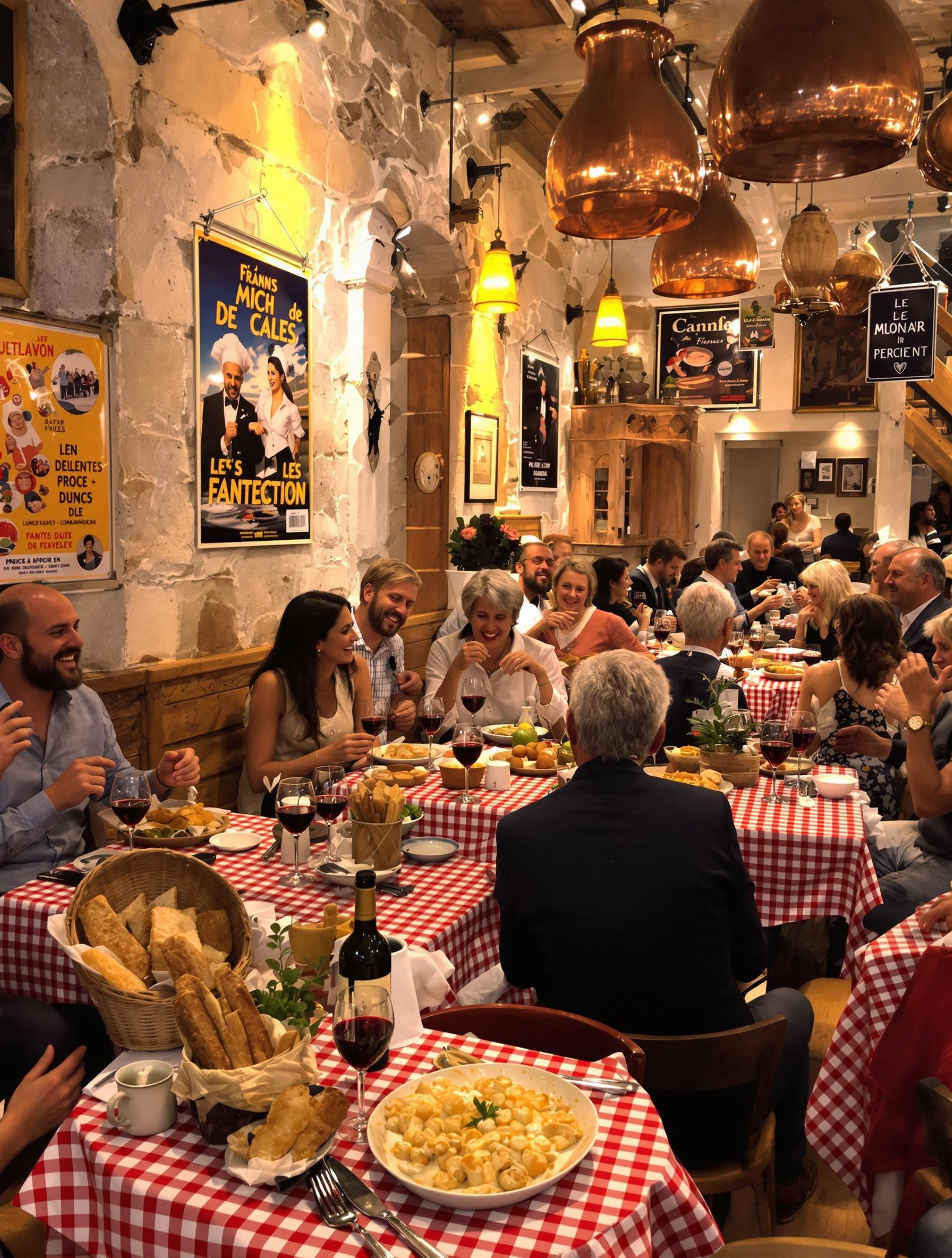 Scène animée dans un bouchon lyonnais typique, tables serrées et ambiance conviviale