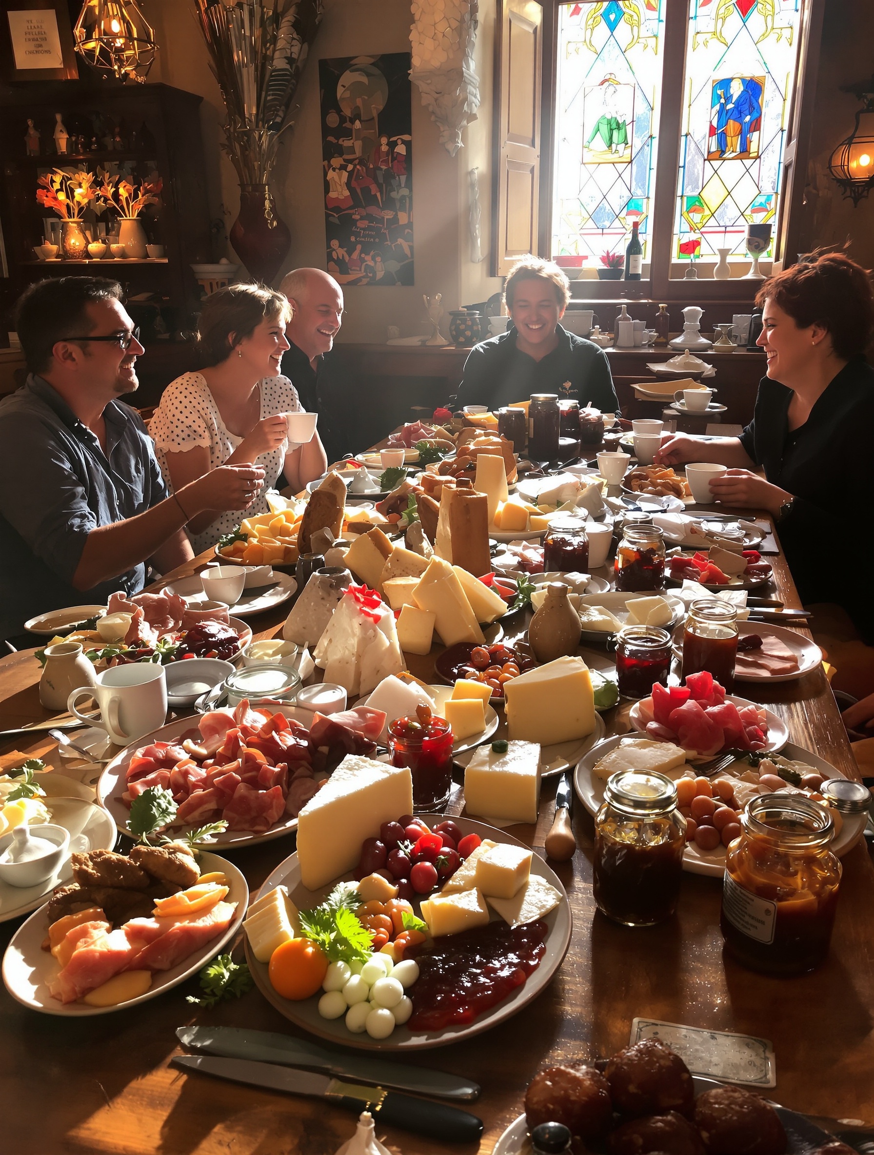 Brunch dominical typique lyonnais avec produits locaux et ambiance bistrot chaleureux