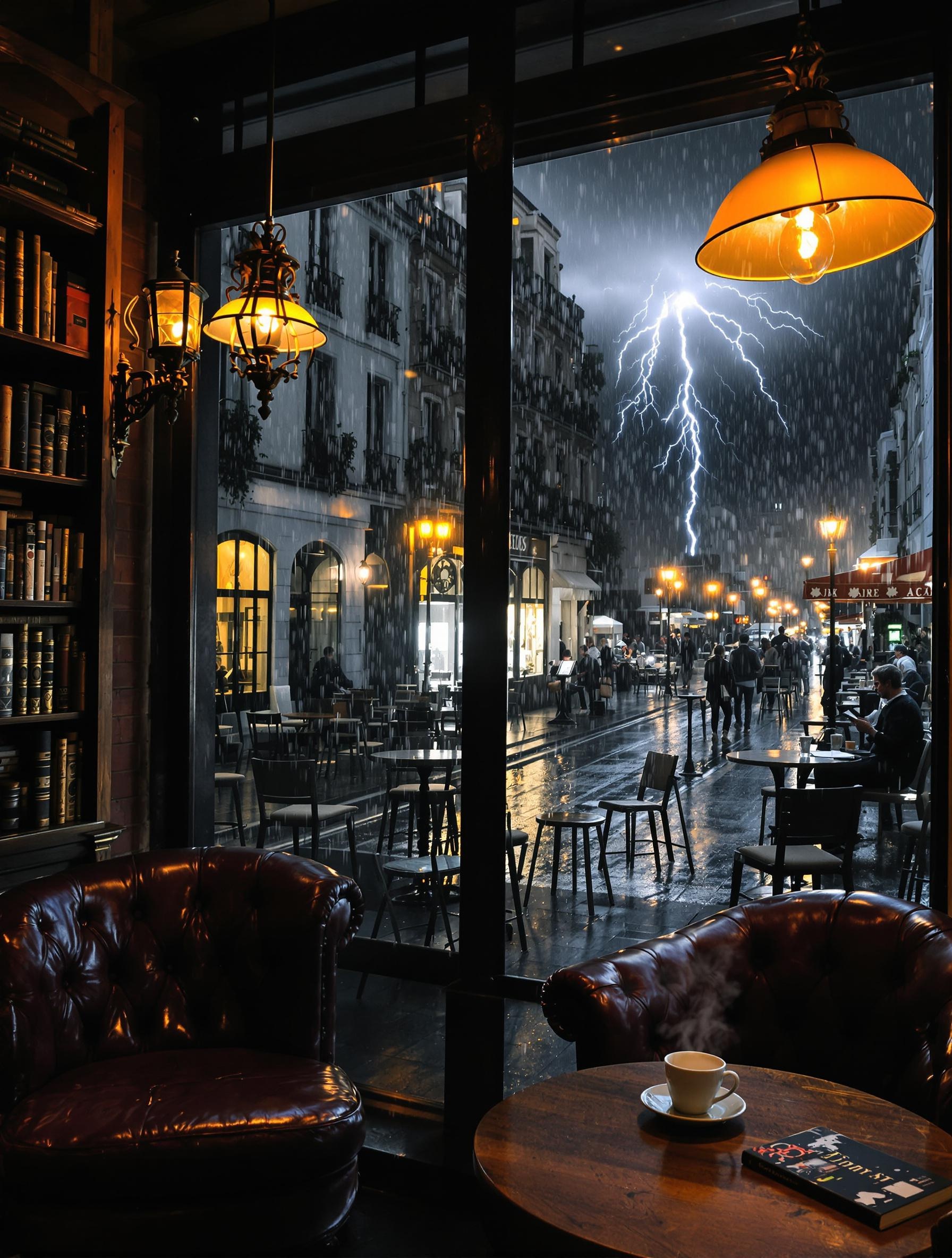 Café douillet orage fenêtre clients confort