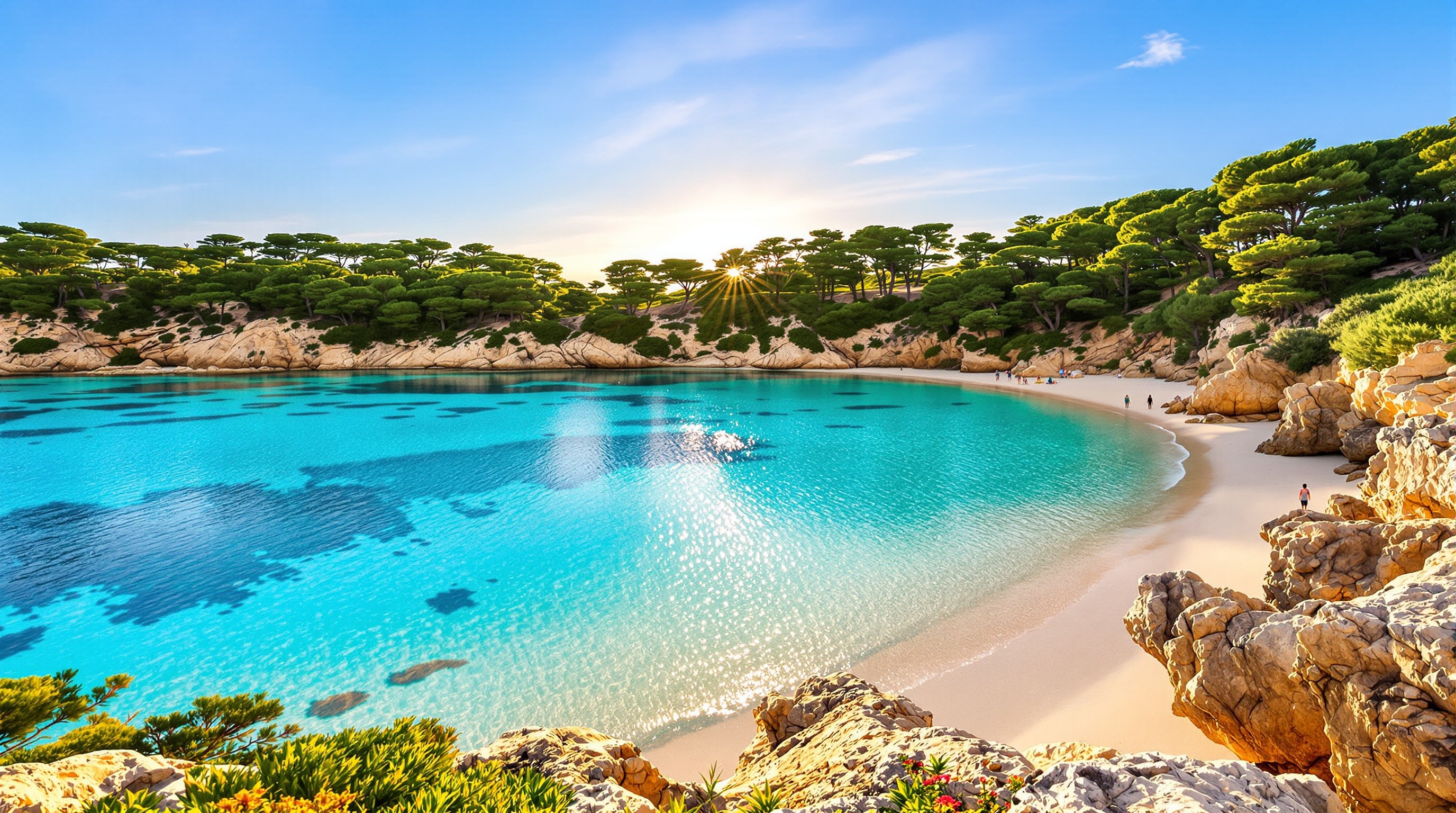 Calanque Cala Llombards à Majorque, eau turquoise et sable blanc au lever du soleil, très peu de monde, pins en arrière-plan.