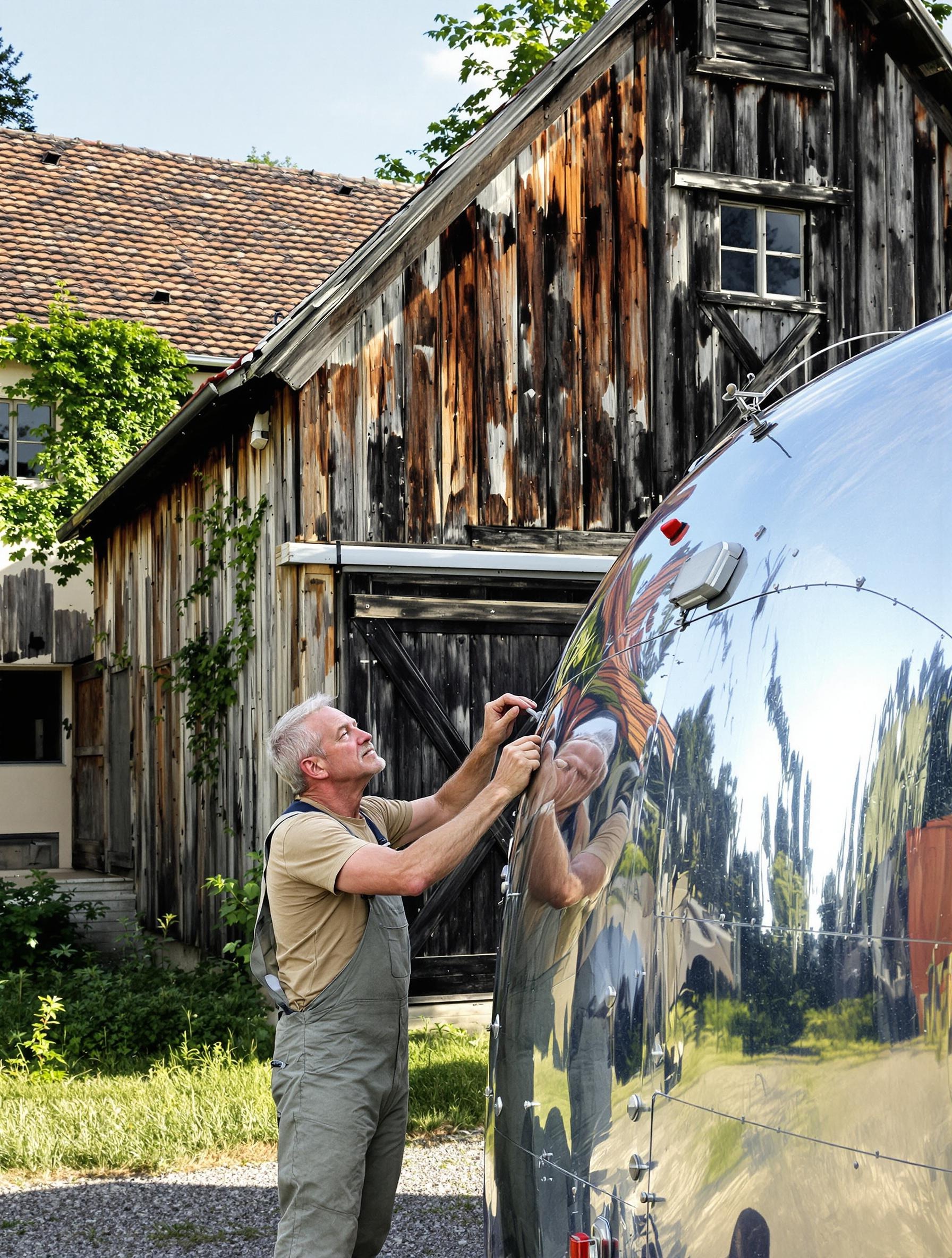 Propriétaire inspectant son Airstream devant une grange française pour vérifier les rivets et l’état de l’aluminium.