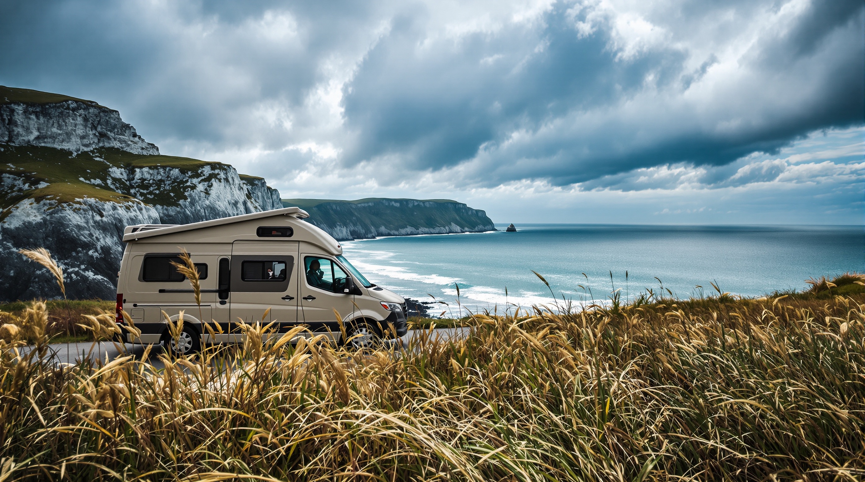 Camping-car stationné sur la côte bretonne avec vue sur l'océan