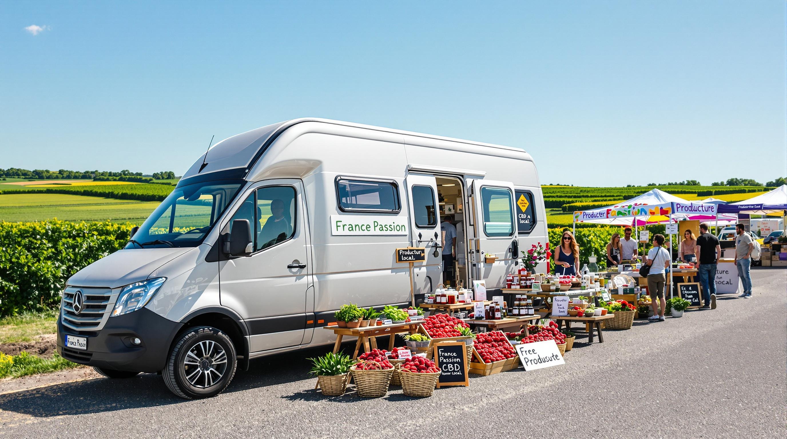 Camping-car devant un producteur de CBD et de fruits rouges - Nouveauté France Passion 2024