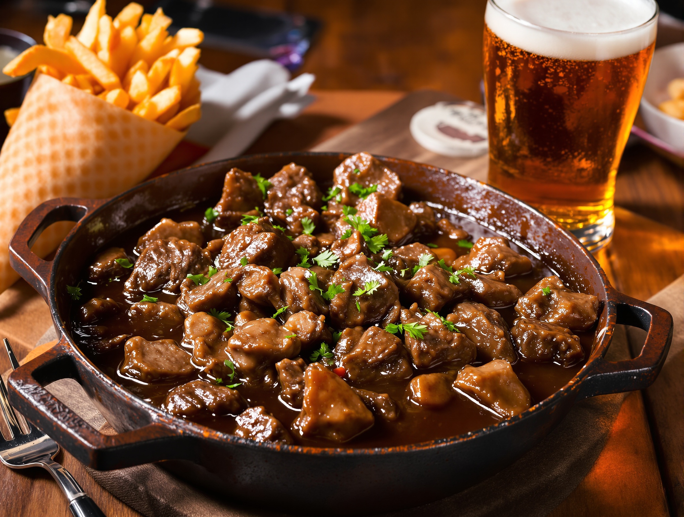Un plat de Carbonade Flamande traditionnelle servi dans une cocotte en fonte, avec une sauce riche et sombre à la bière. Le plat est accompagné d'un cornet de frites dorées et d'une bière ambrée locale.