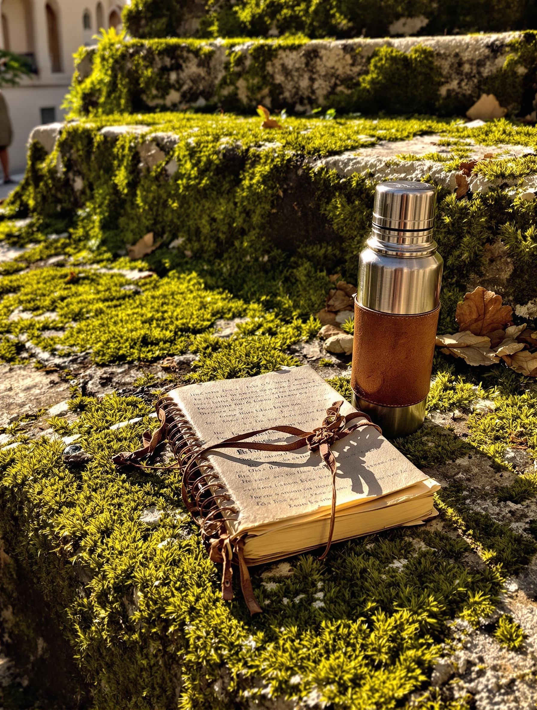Carnet et Thermos sur une marche moussue du Monastère de São Vicente de Fora