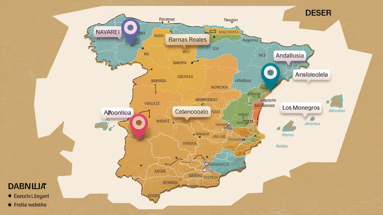 Carte interactive des déserts espagnols avec épingles sur Bardenas Reales, Tabernas, Los Monegros, Gorafe et Abanilla