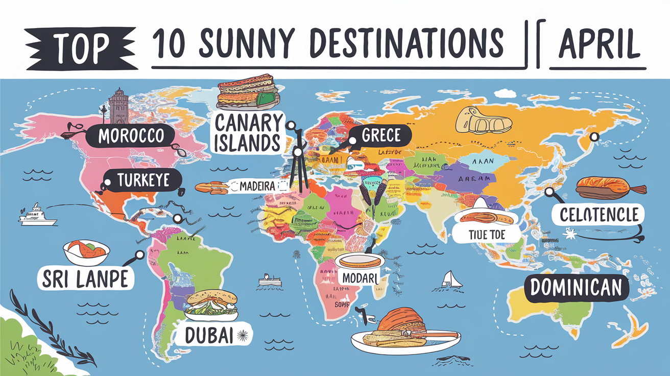 Carte des 10 destinations ensoleillées d’avril avec spécialités gourmandes
