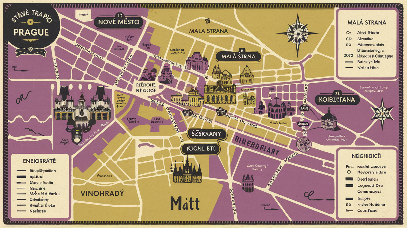 Carte papier stylisée de Prague avec légende des quartiers clés