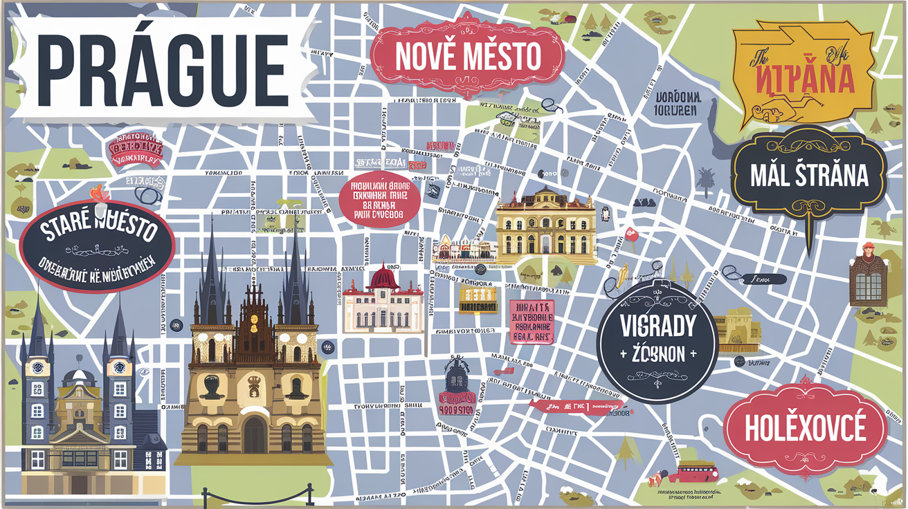 Carte stylisée des principaux quartiers de Prague