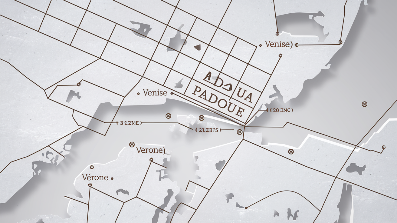 Carte montrant Padoue entre Venise et Vérone avec distances