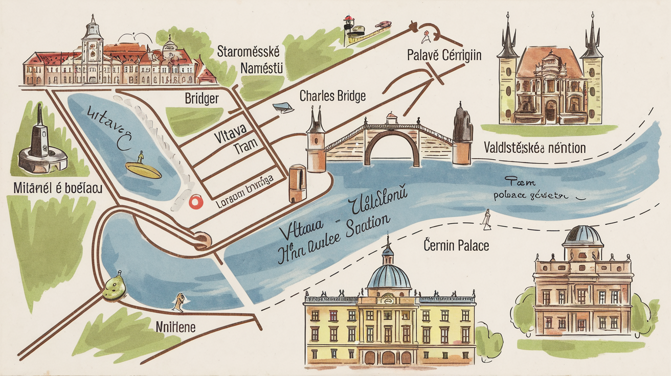 Plan simplifié pour accéder au Jardin Wallenstein depuis la Vieille Ville de Prague