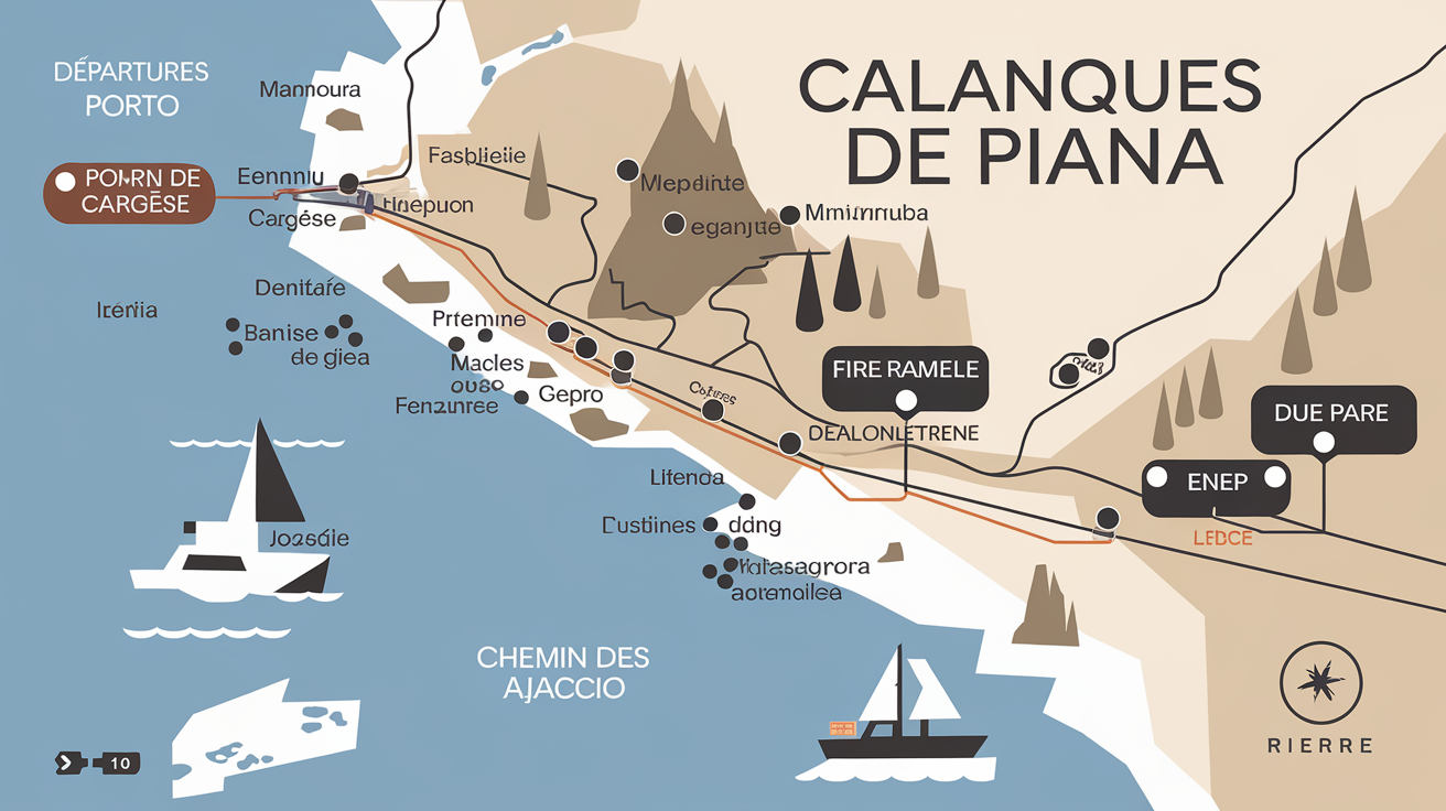 Carte simplifiée des Calanques de Piana avec accès bateaux, sentiers et route D81