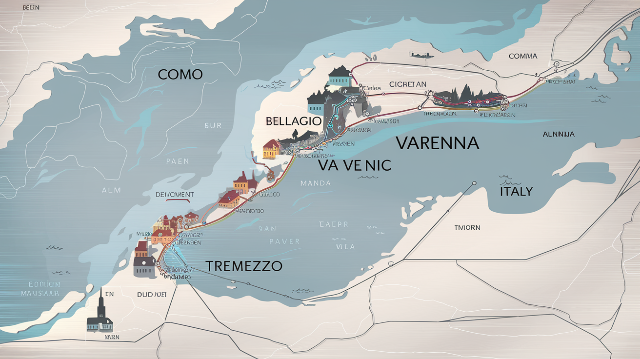 Carte simple du Lac de Côme avec Bellagio, Varenna, Côme et Tremezzo