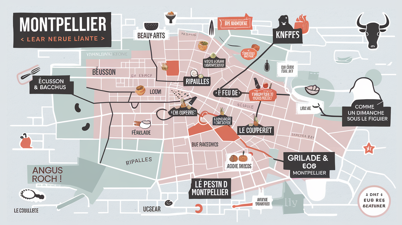 Carte stylisée de Montpellier avec icônes signalant les meilleurs restaurants de viande (Écusson, Beaux-Arts, Saint Roch).
