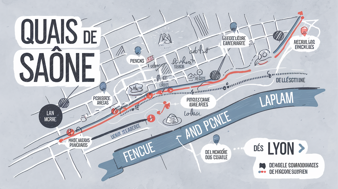 Carte stylisée des quais de Saône à Lyon façon croquis crayonné avec points clés du parcours.