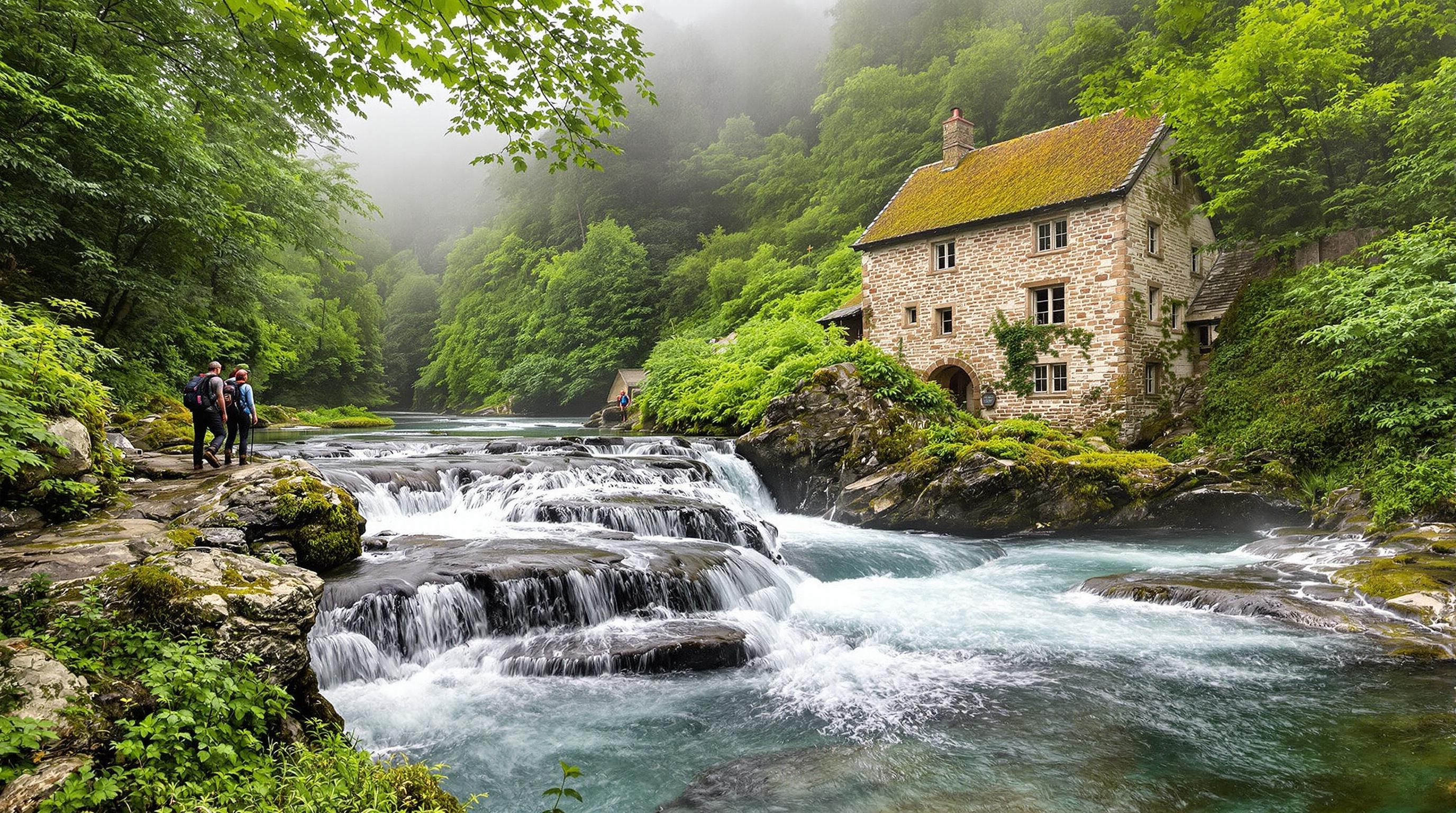 Cascade de la Vis au petit matin avec randonneurs et moulin dans la brume