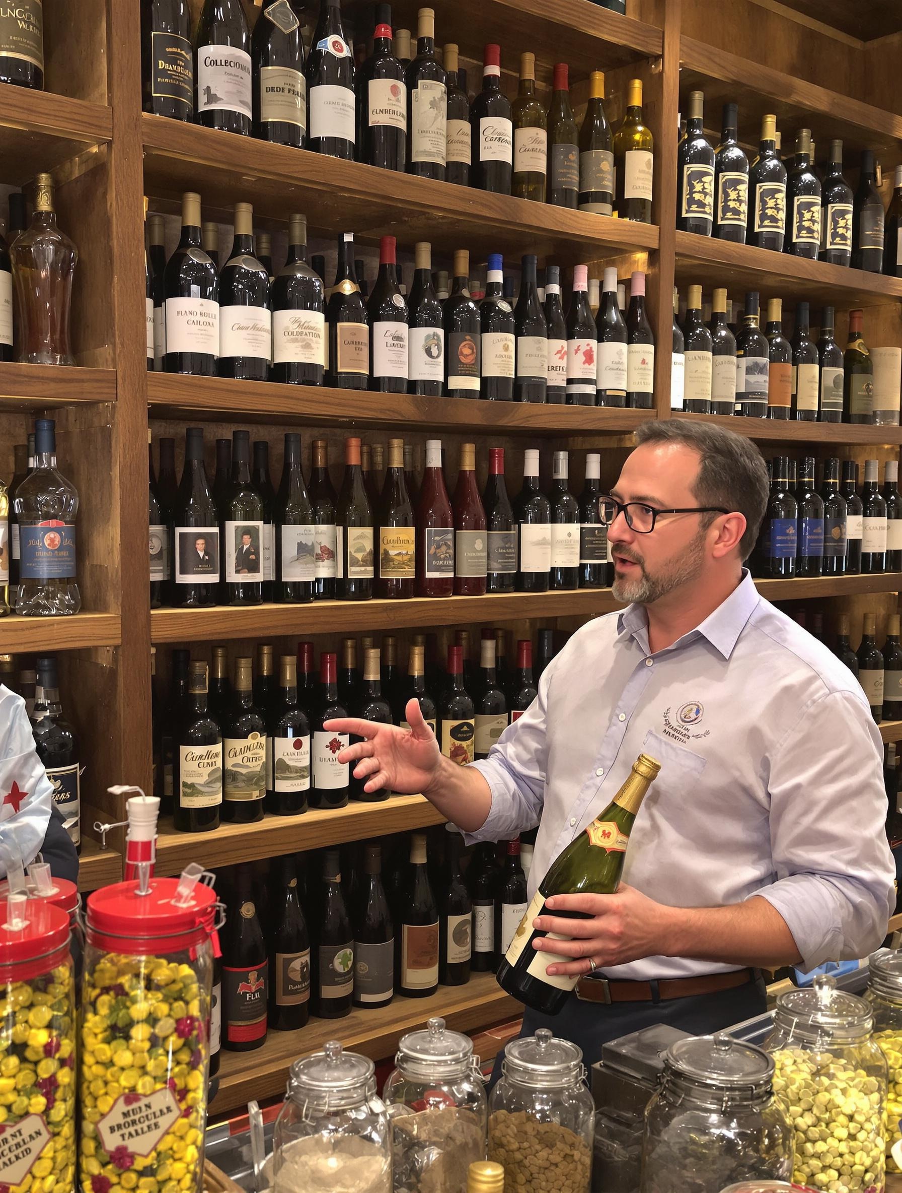 Cave à vins Marché Victor Hugo : bouteilles anciennes et pots d’épices colorés expliqués par un caviste érudit.