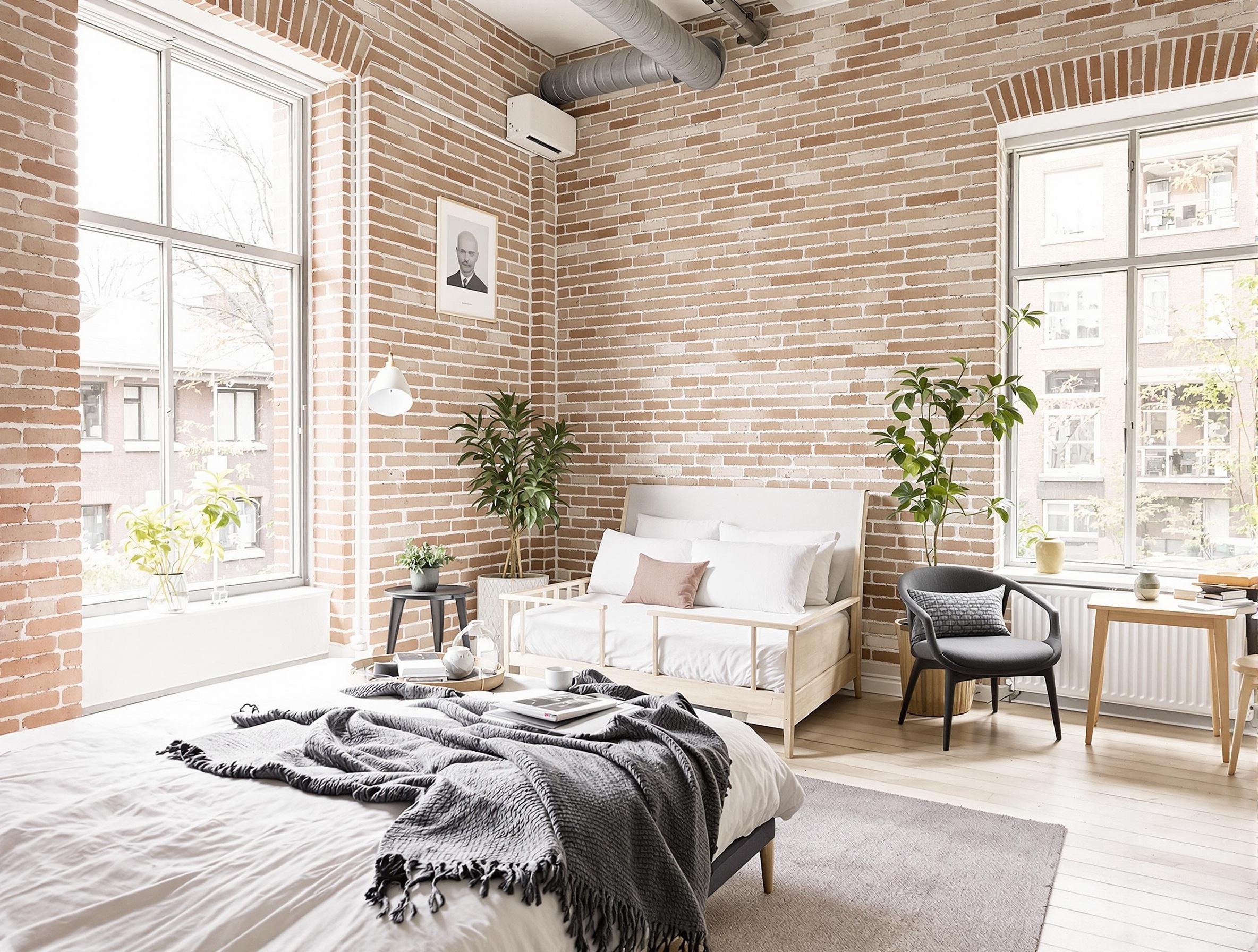 Chambre élégante d’un boutique-hostel avec des murs en briques et un mobilier scandinave