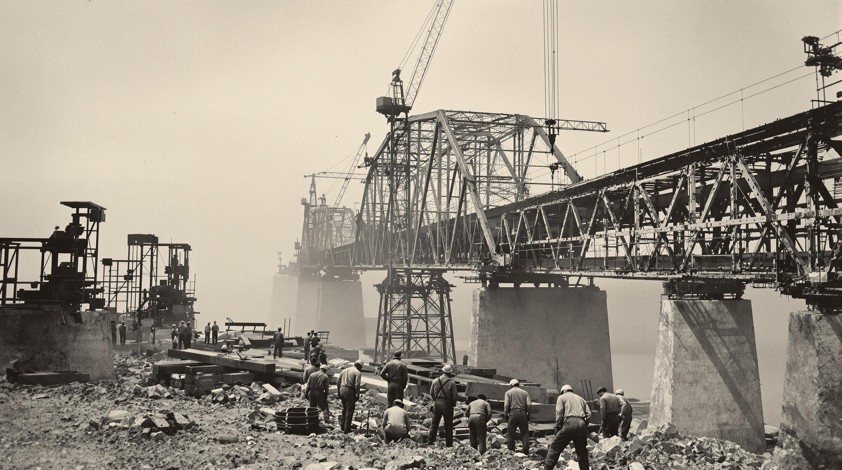 Chantier Pont Salazar 1963 ouvriers grues brume Tage