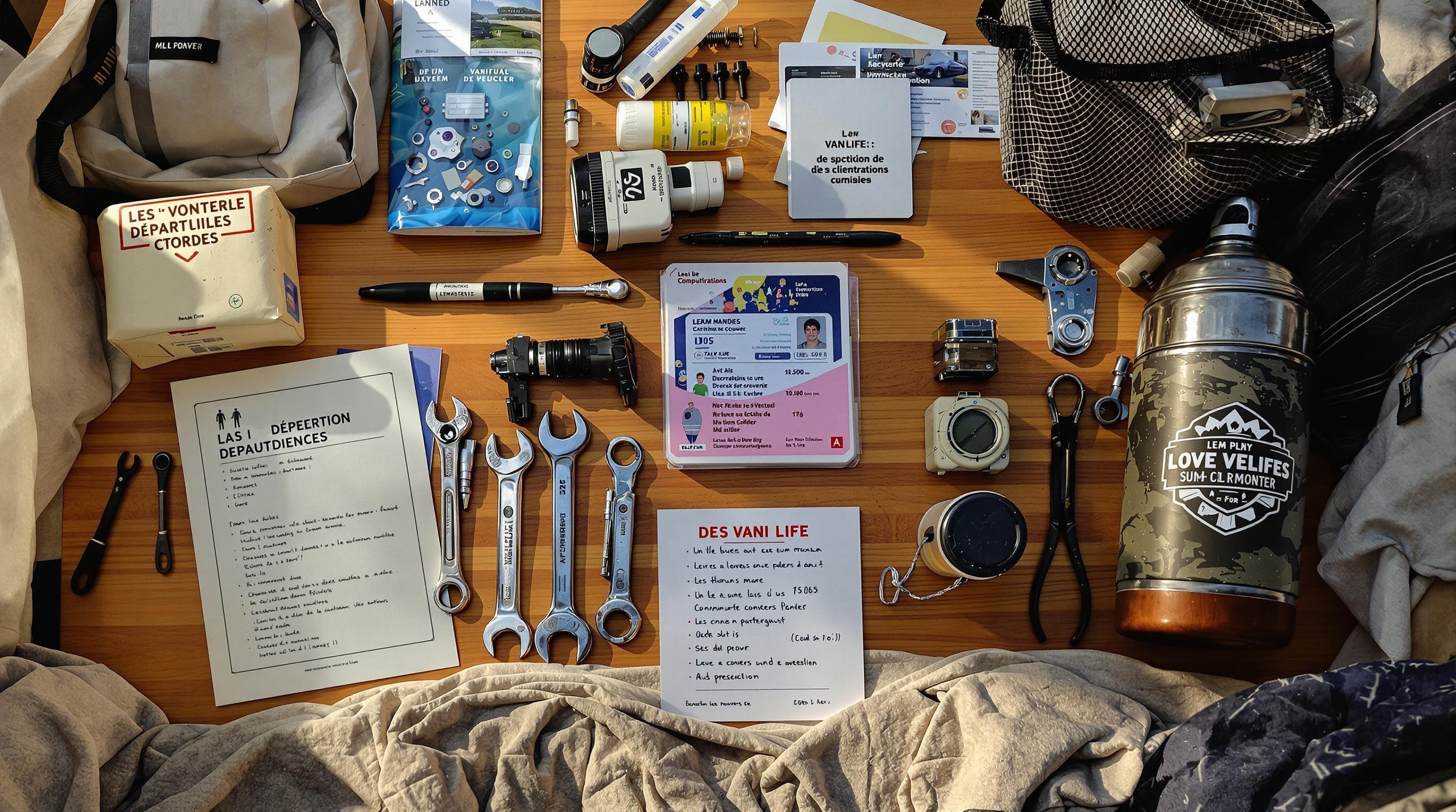 Checklist départ vanlife : papiers obligatoires, outils bricoleur, accessoires vie bord (douche solaire, WC sec, thermos cabossé)