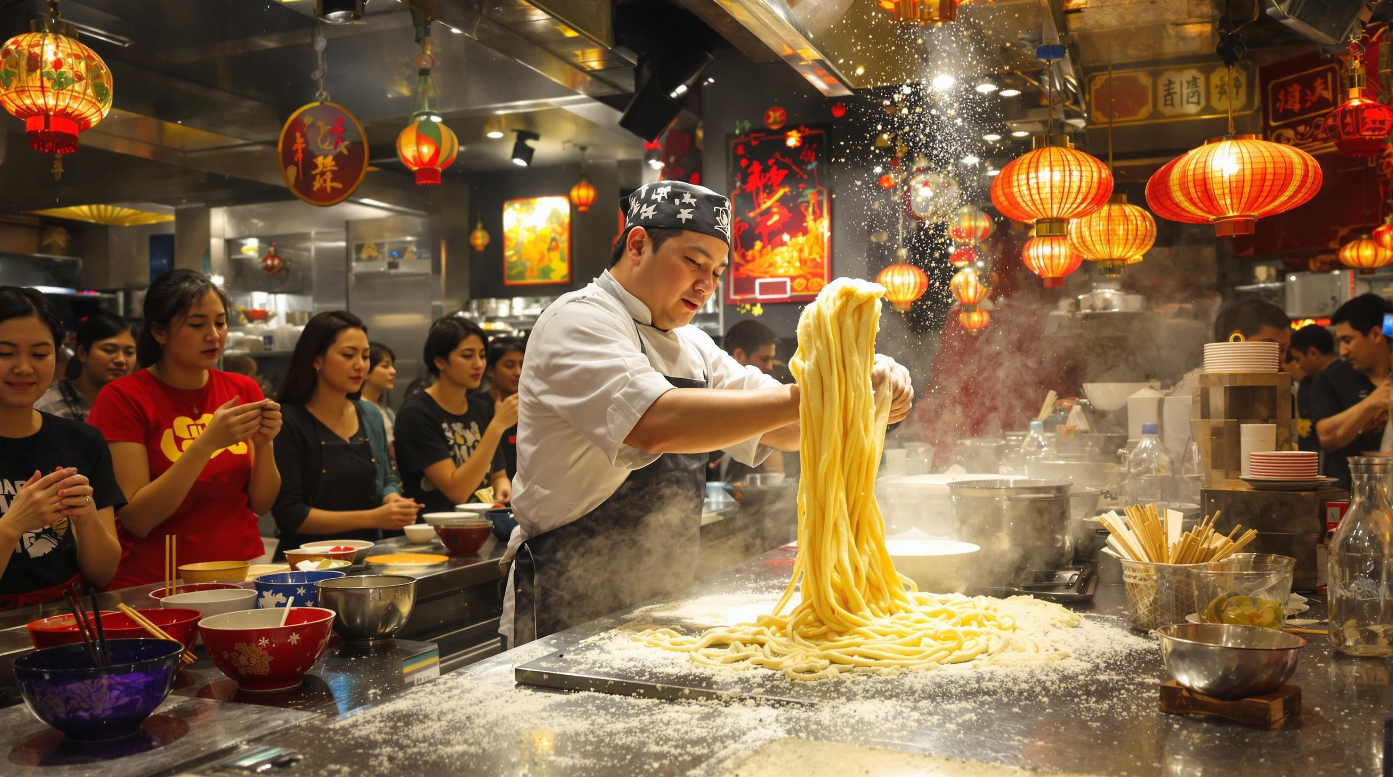 Chef chinois préparant des nouilles fraîches au Lanzhou Lamian Noodle Bar à Londres