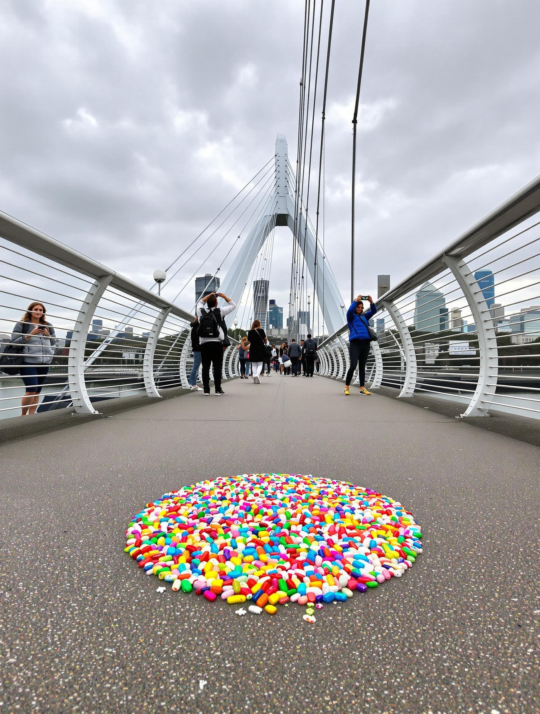Chewing gum art multicolore au sol sur Millennium Bridge à Londres.