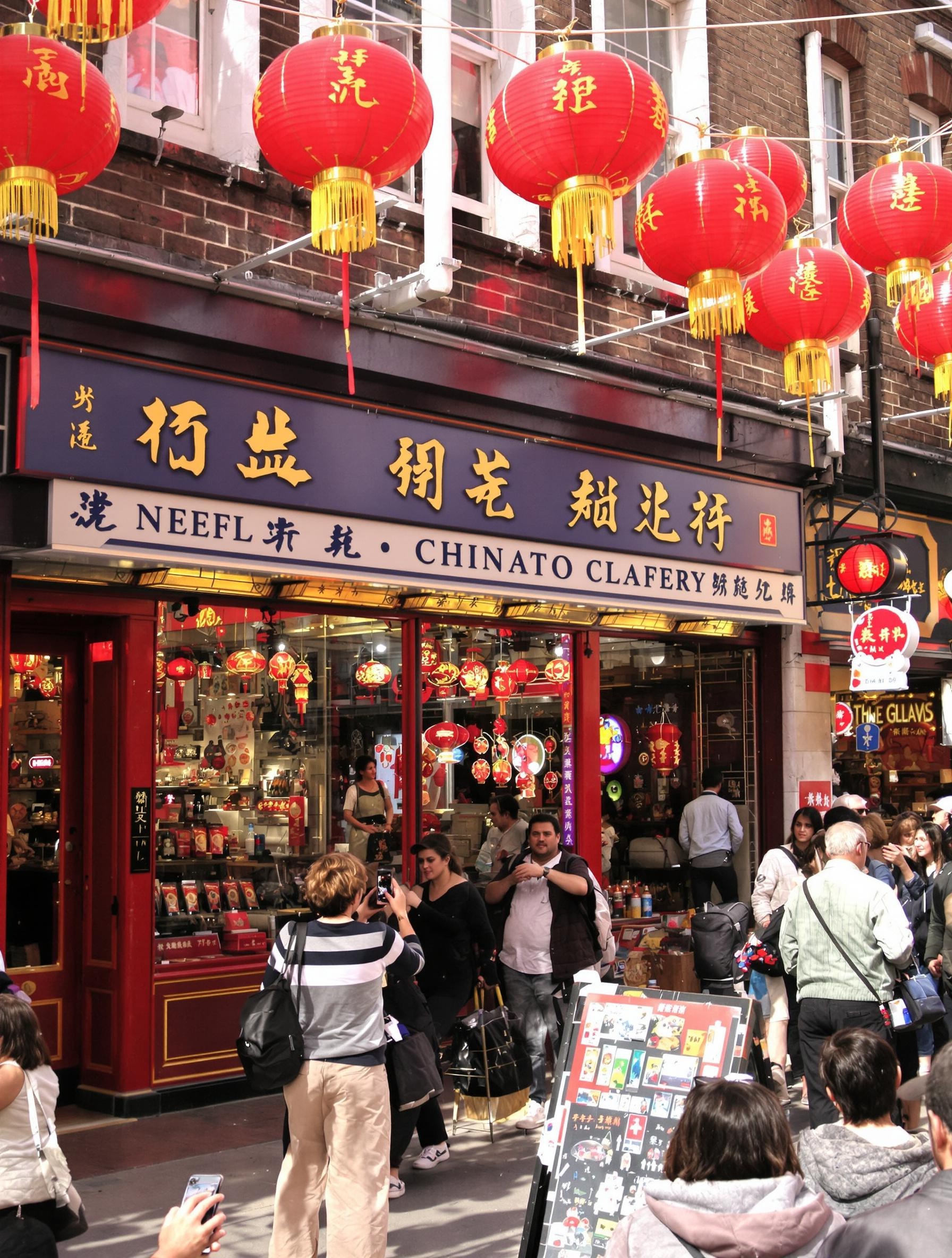Ambiance nocturne animée à Chinatown Londres avec lanternes et passants